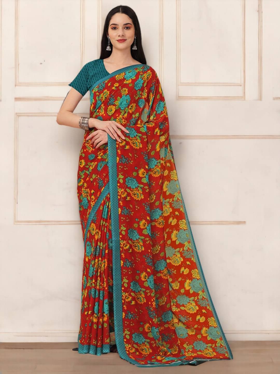     			TTH Georgette Printed Saree With Unstitched Blouse Piece ( Red )