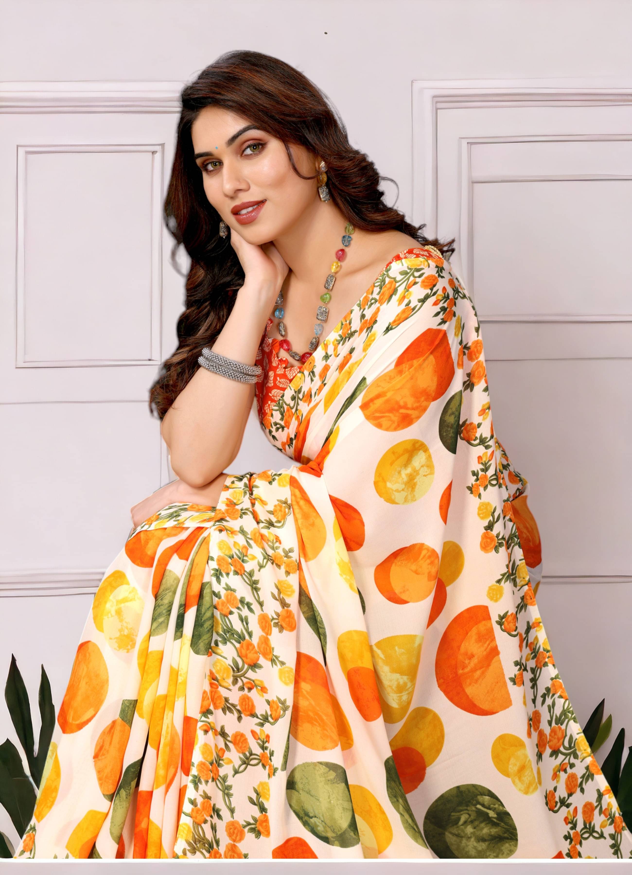 TTH Georgette Printed Saree With Unstitched Blouse Piece ( Cream ) TTH Georgette Printed Saree With Unstitched Blouse Piece ( Cream )