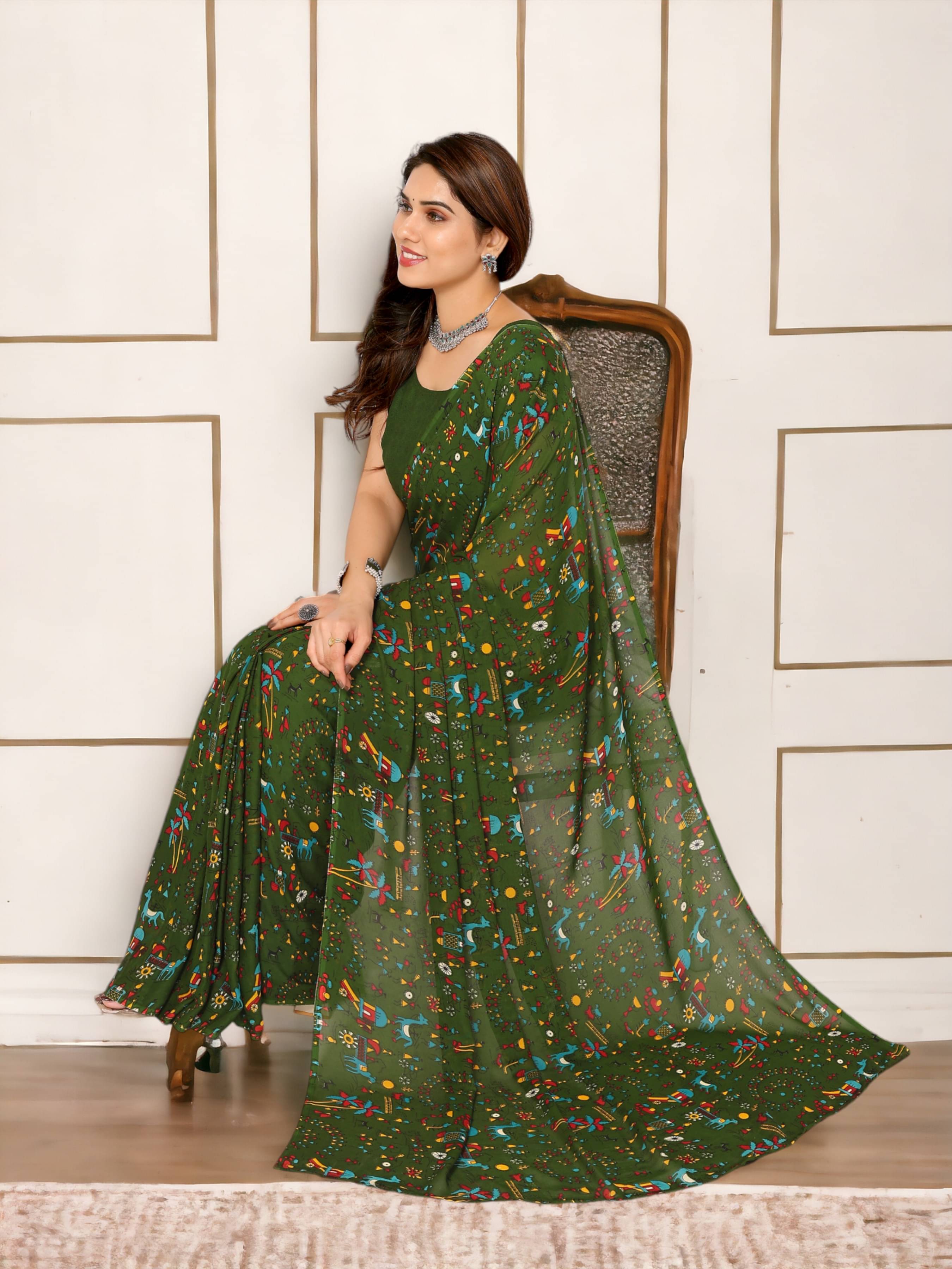 TTH Georgette Printed Saree With Unstitched Blouse Piece ( Green ) TTH Georgette Printed Saree With Unstitched Blouse Piece ( Green )