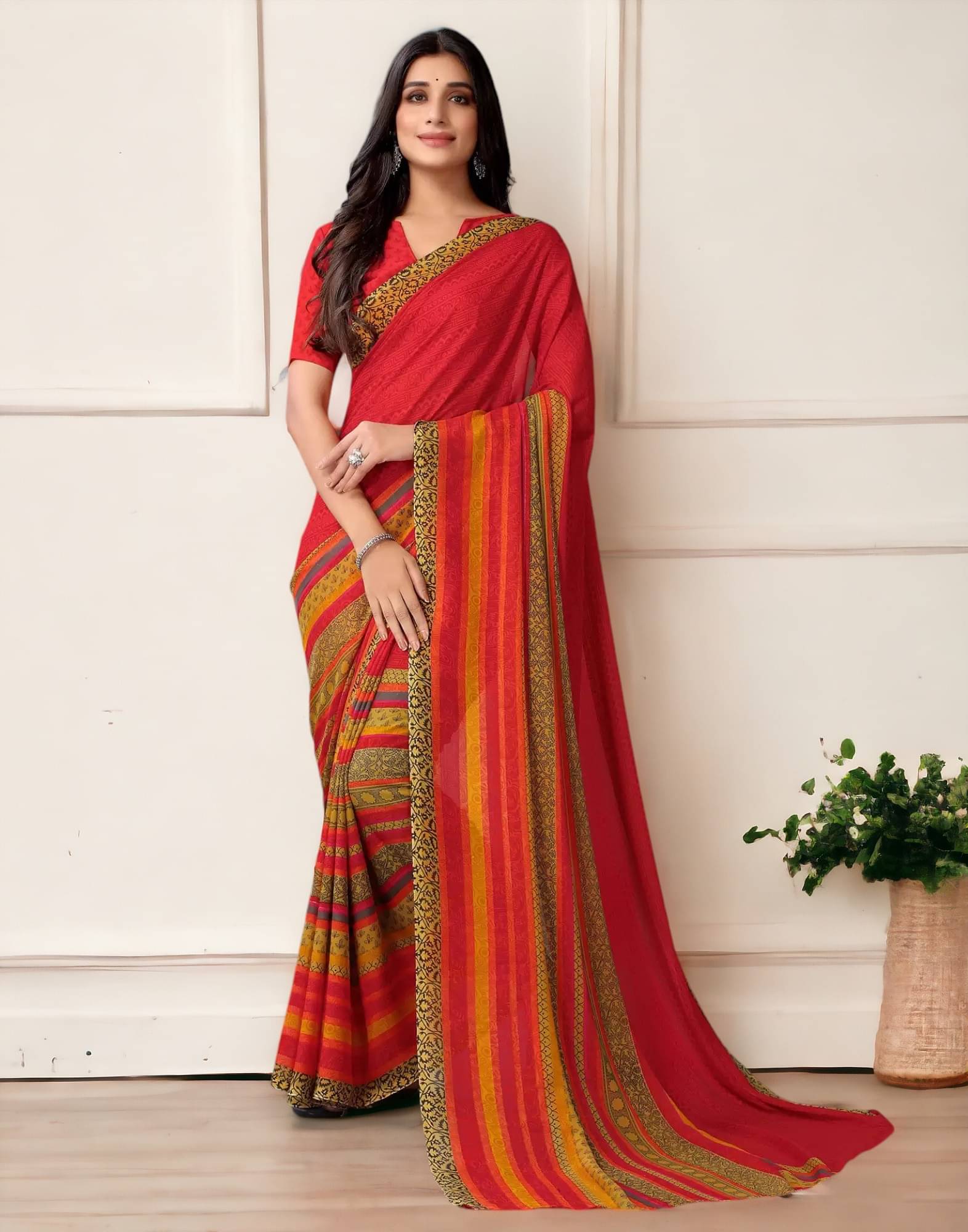     			TTH Georgette Printed Saree With Unstitched Blouse Piece ( Red )