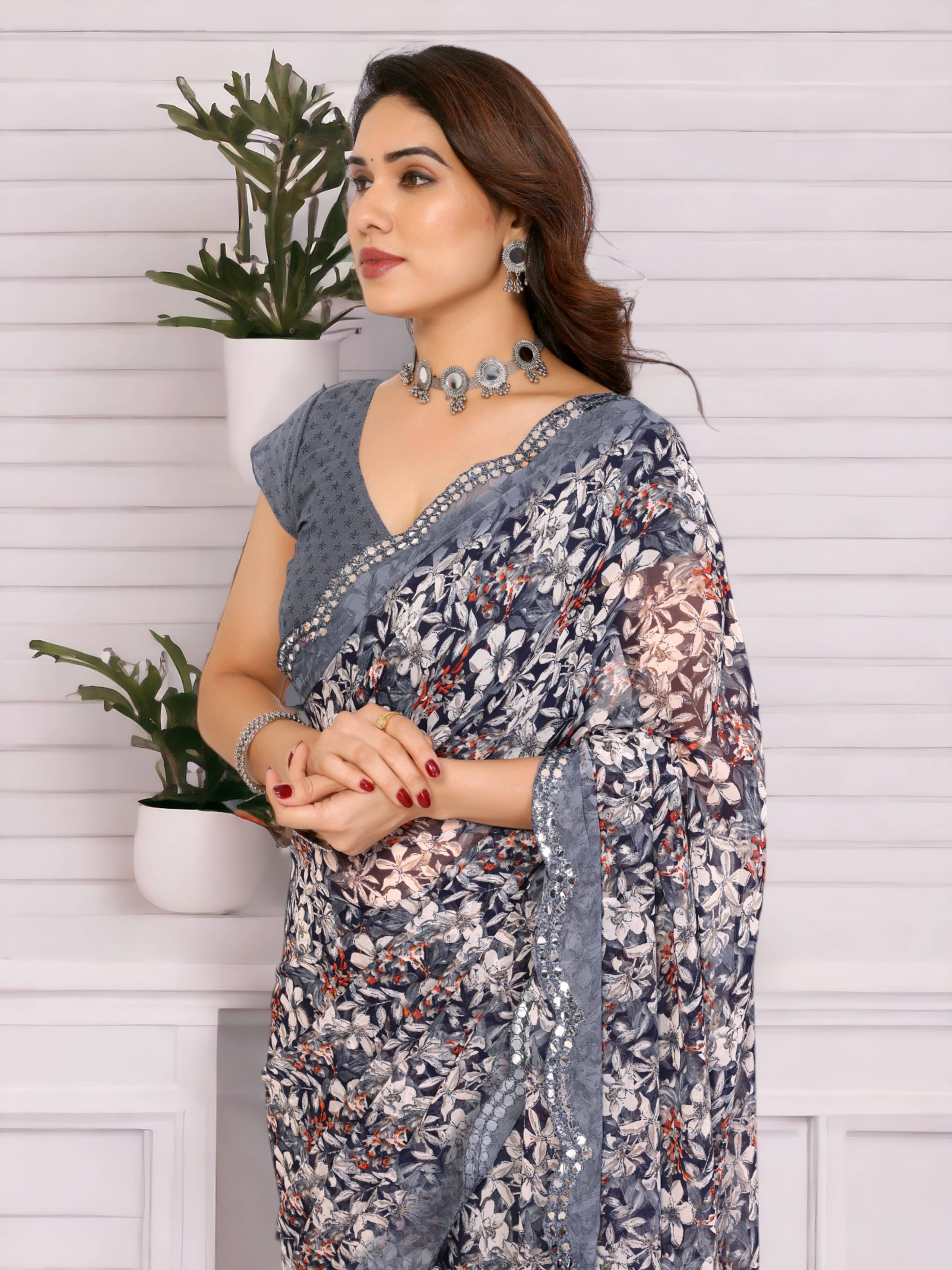 TTH Georgette Printed Saree With Unstitched Blouse Piece ( Grey ) TTH Georgette Printed Saree With Unstitched Blouse Piece ( Grey )
