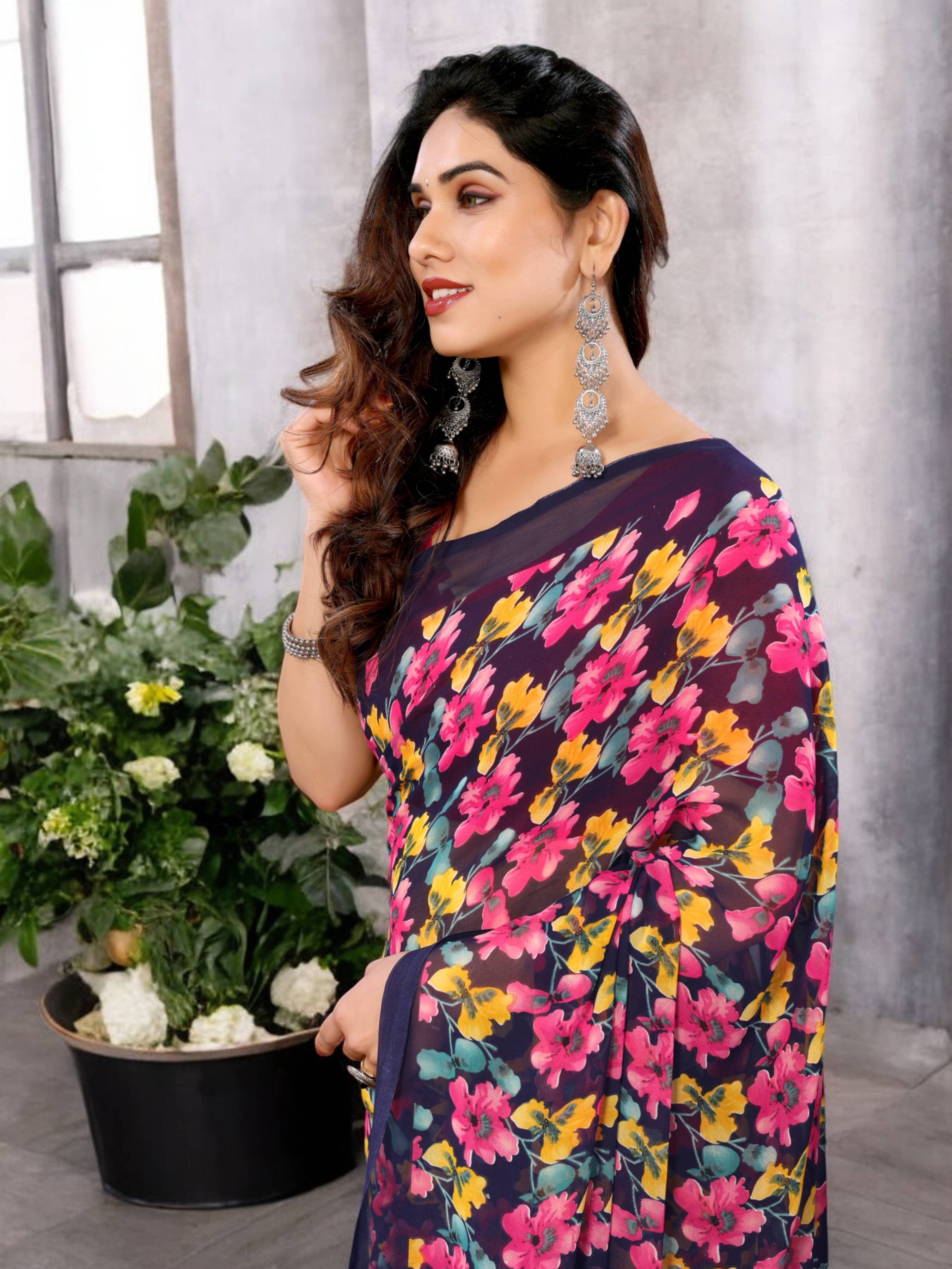 TTH Georgette Printed Saree With Unstitched Blouse Piece ( Blue ) TTH Georgette Printed Saree With Unstitched Blouse Piece ( Blue )