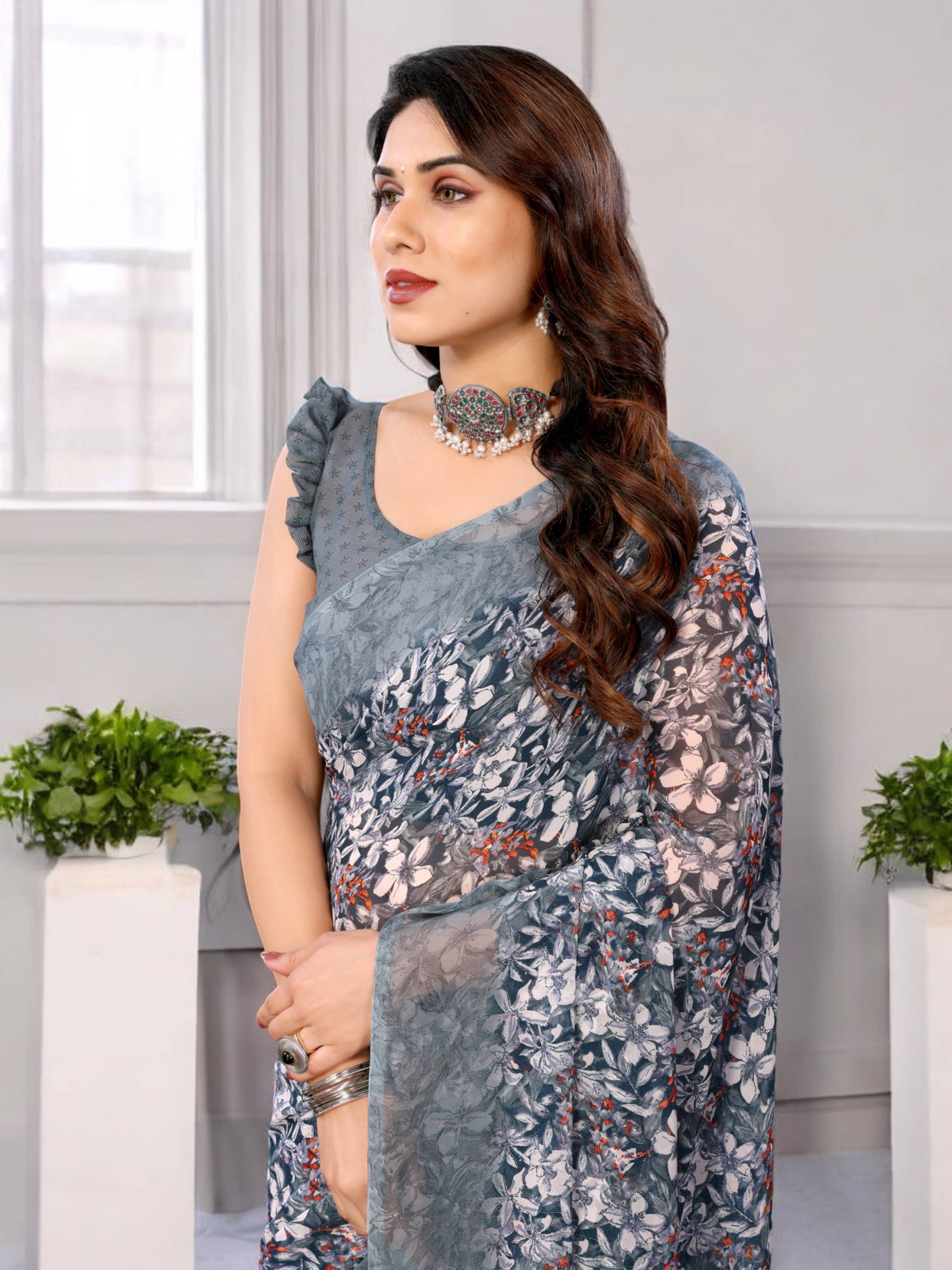 TTH Georgette Printed Saree With Unstitched Blouse Piece ( Blue ) TTH Georgette Printed Saree With Unstitched Blouse Piece ( Blue )