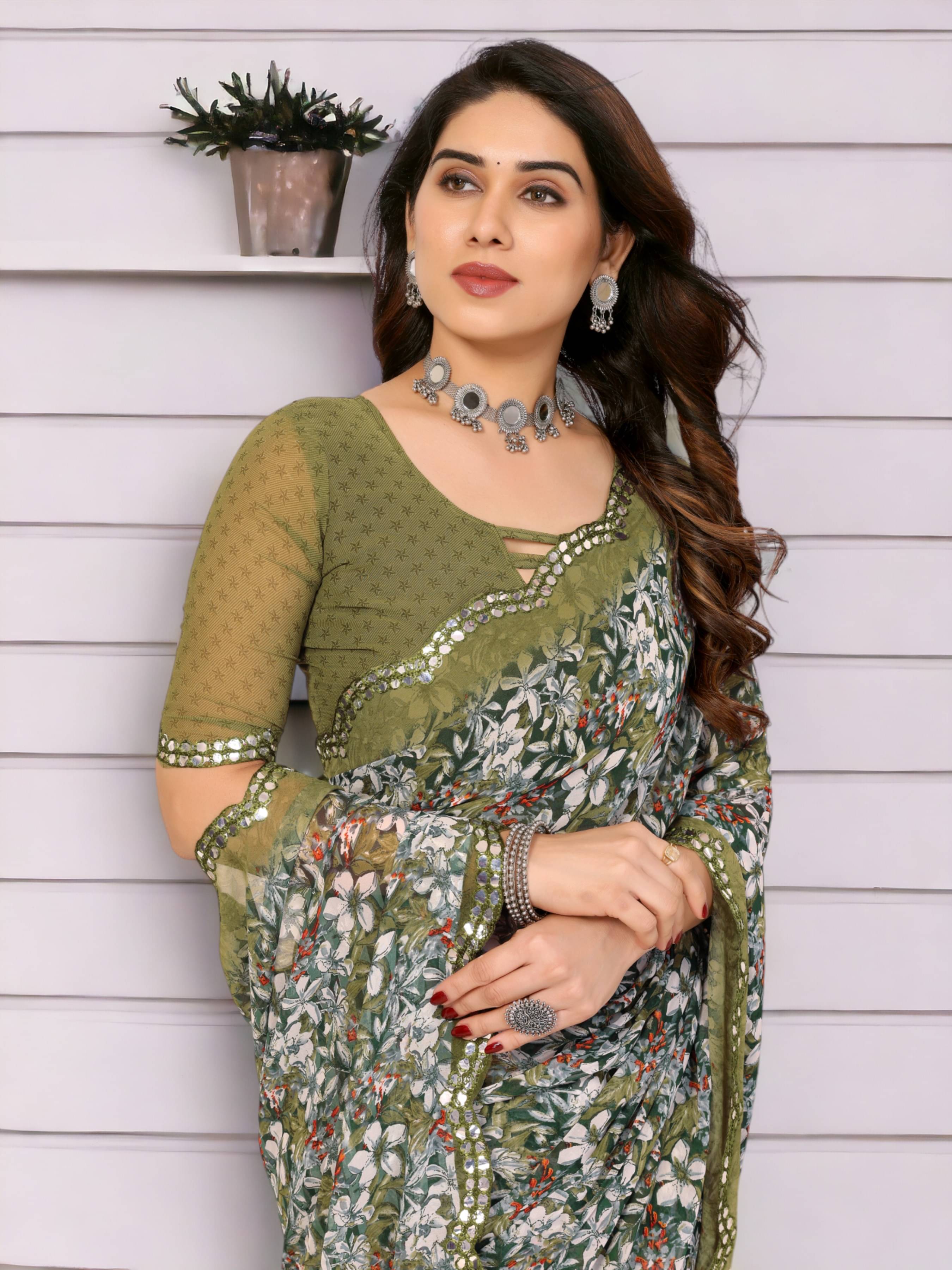 TTH Georgette Printed Saree With Unstitched Blouse Piece ( Green ) TTH Georgette Printed Saree With Unstitched Blouse Piece ( Green )