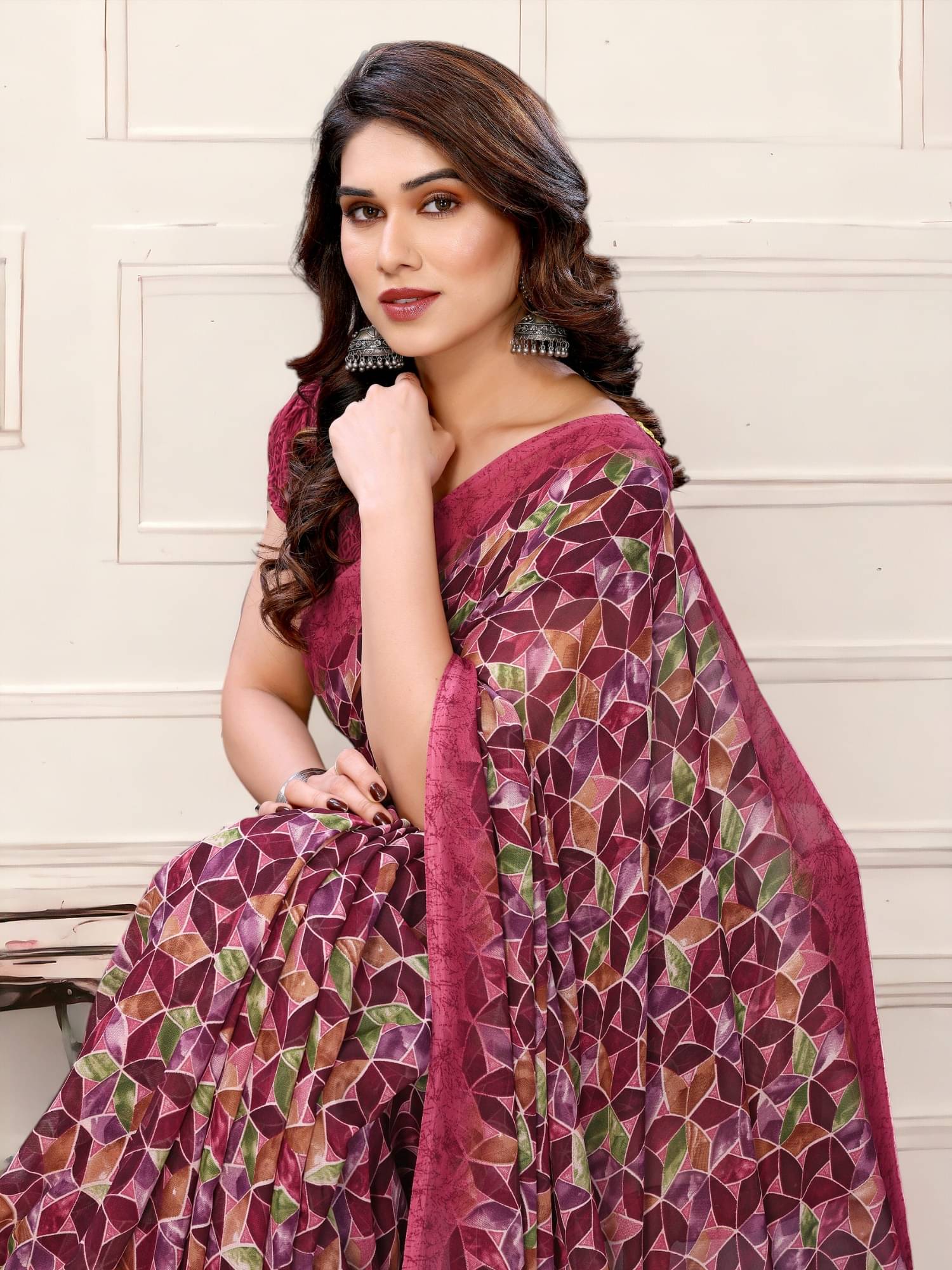 TTH Georgette Printed Saree With Unstitched Blouse Piece ( Maroon ) TTH Georgette Printed Saree With Unstitched Blouse Piece ( Maroon )