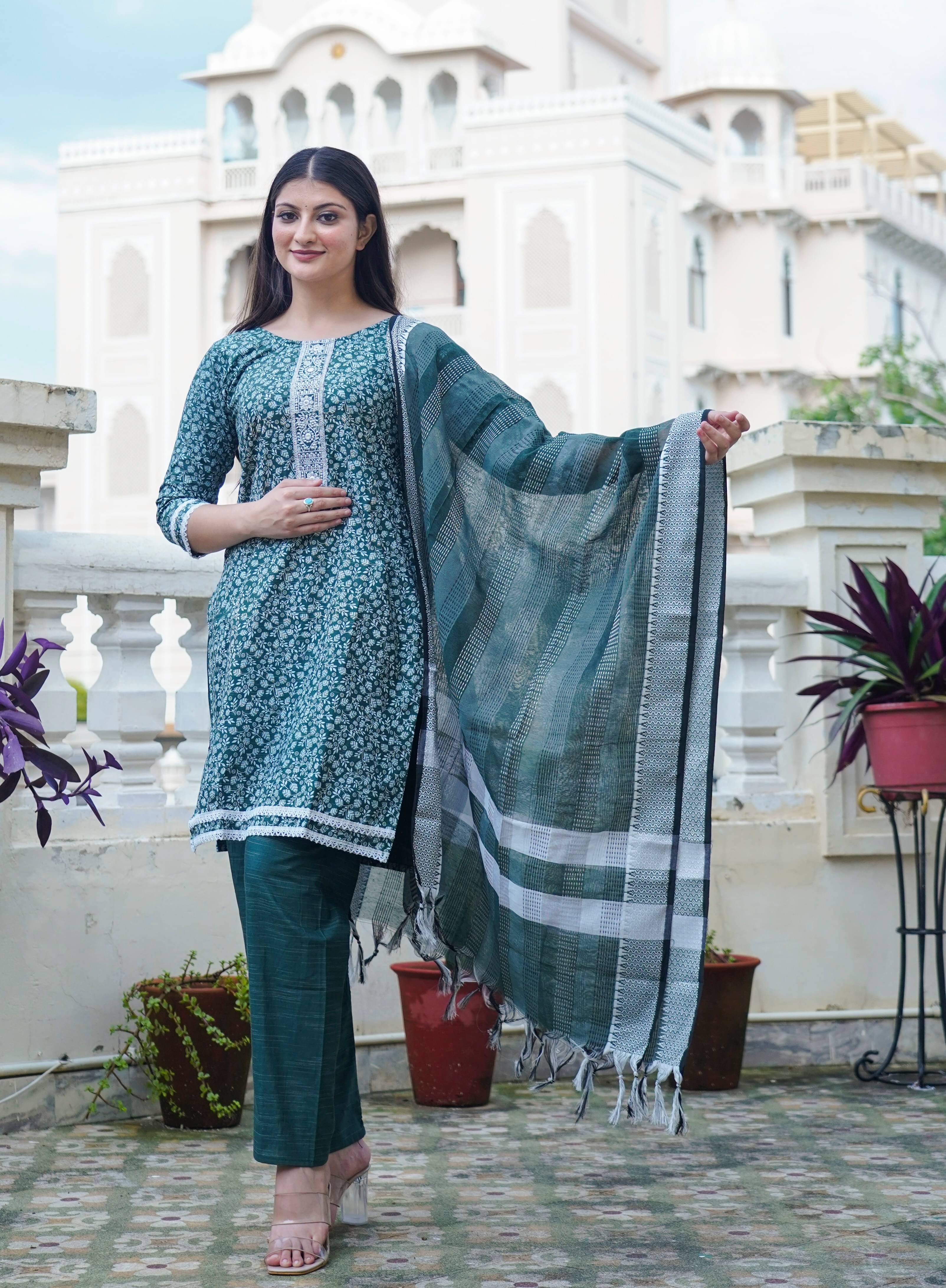     			anushansa Cotton Blend Embroidered Kurti With Pants Women's Stitched Salwar Suit - Green ( Pack of 1 )