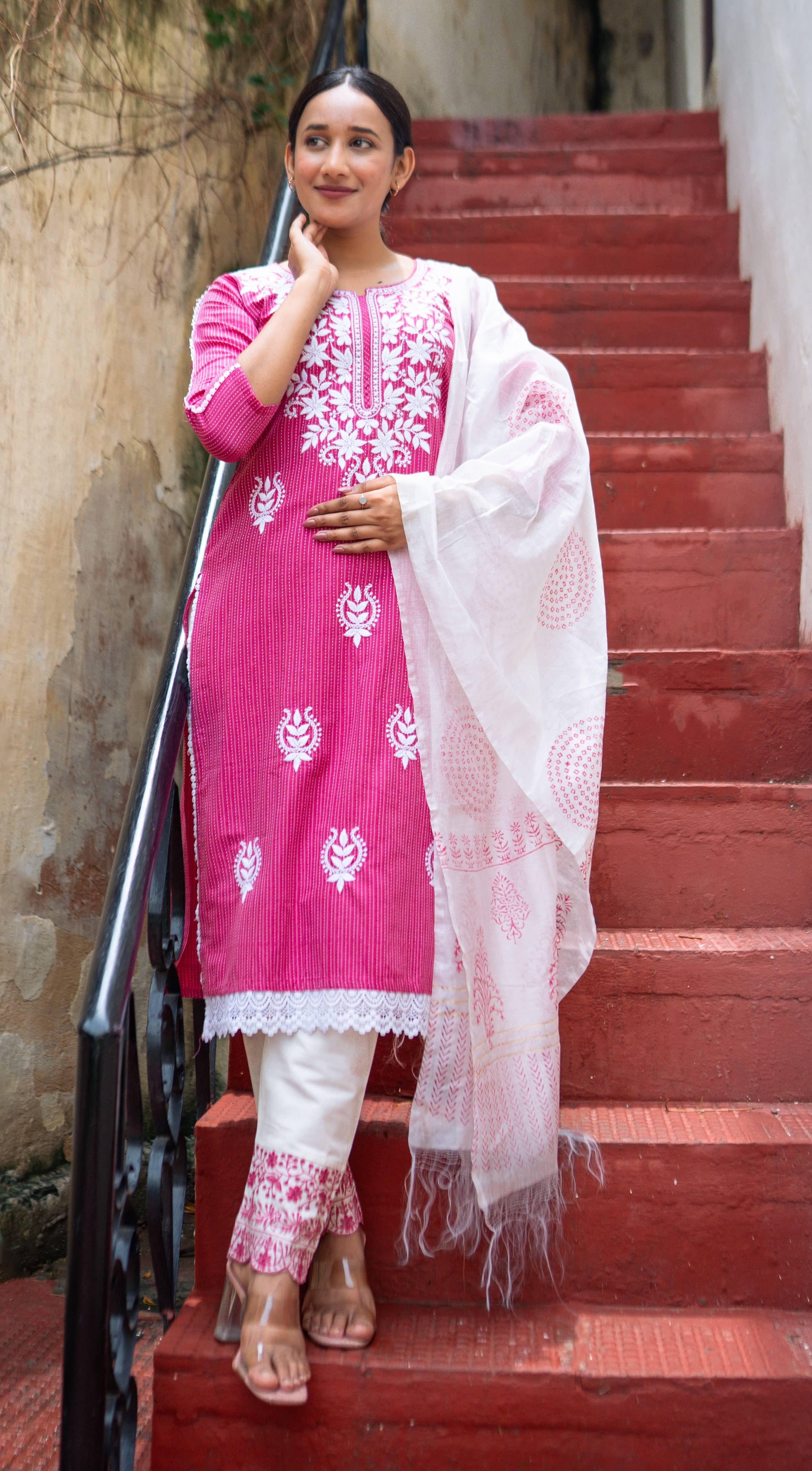     			anushansa Cotton Blend Embroidered Kurti With Pants Women's Stitched Salwar Suit - Pink ( Pack of 1 )