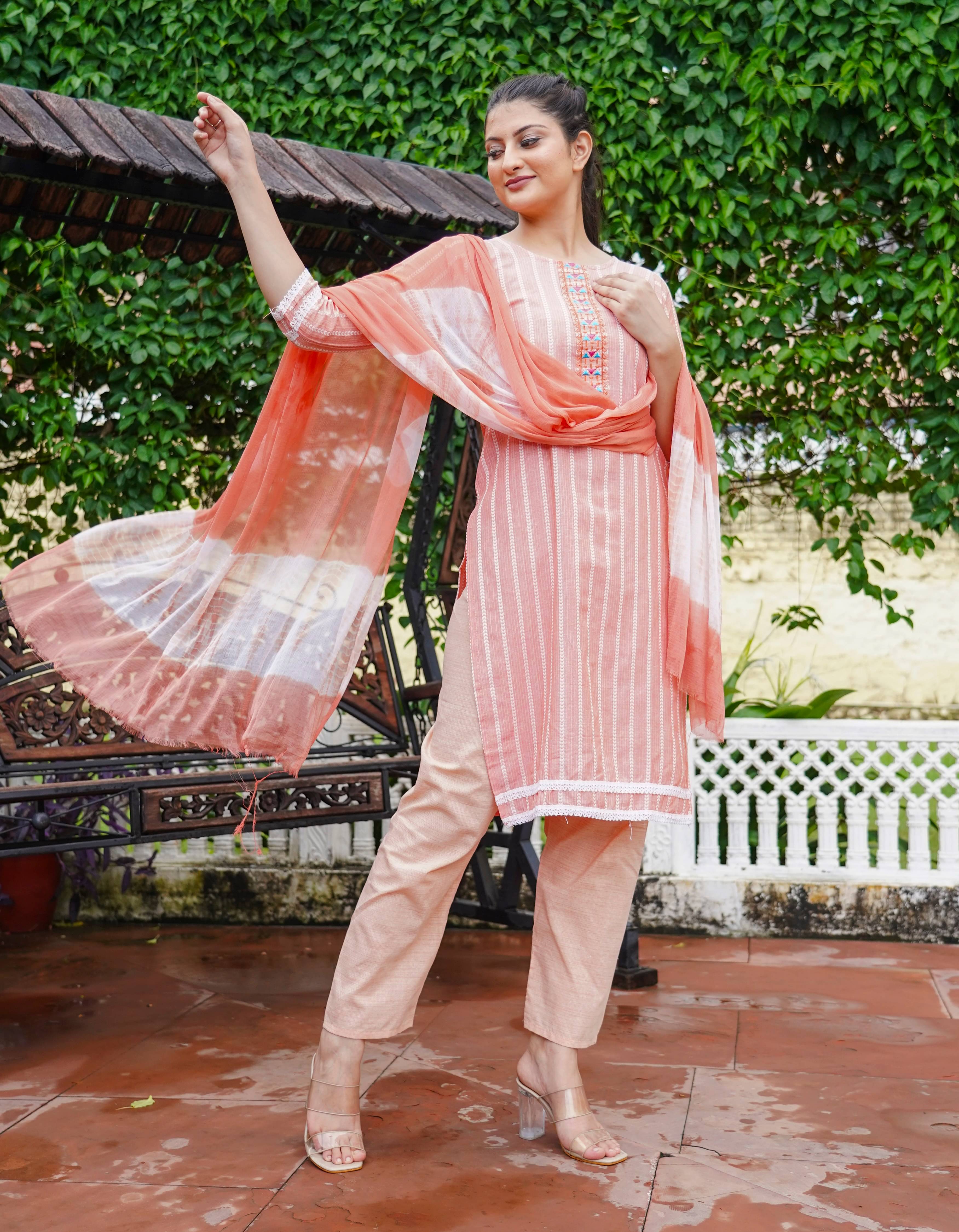 anushansa Cotton Blend Printed Kurti With Pants Women's Stitched Salwar Suit - Peach ( Pack of 1 ) anushansa Cotton Blend Printed Kurti With Pants Women's Stitched Salwar Suit - Peach ( Pack of 1 )