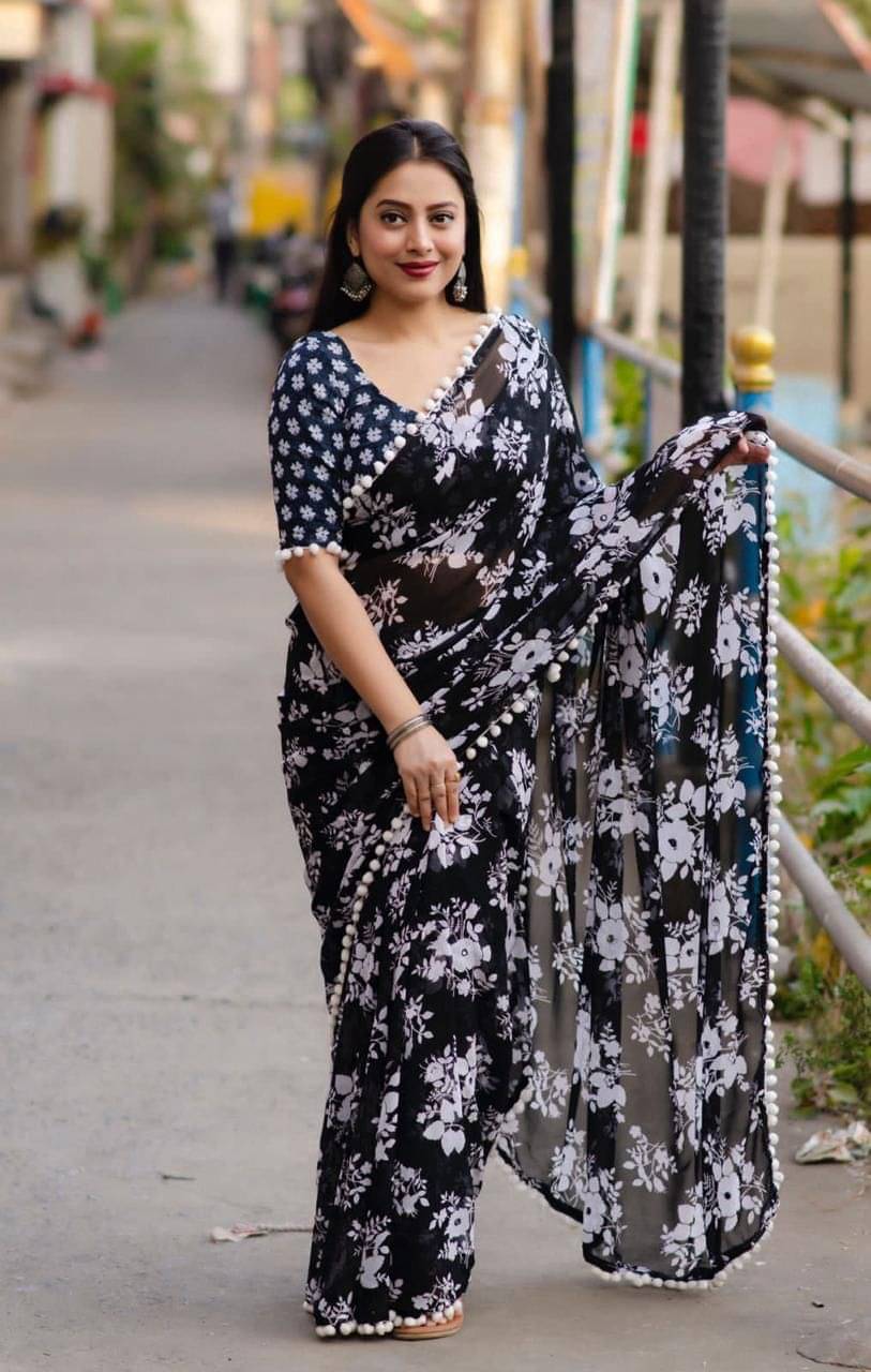 fvd Georgette Printed Saree With Unstitched Blouse Piece ( Black ) fvd Georgette Printed Saree With Unstitched Blouse Piece ( Black )