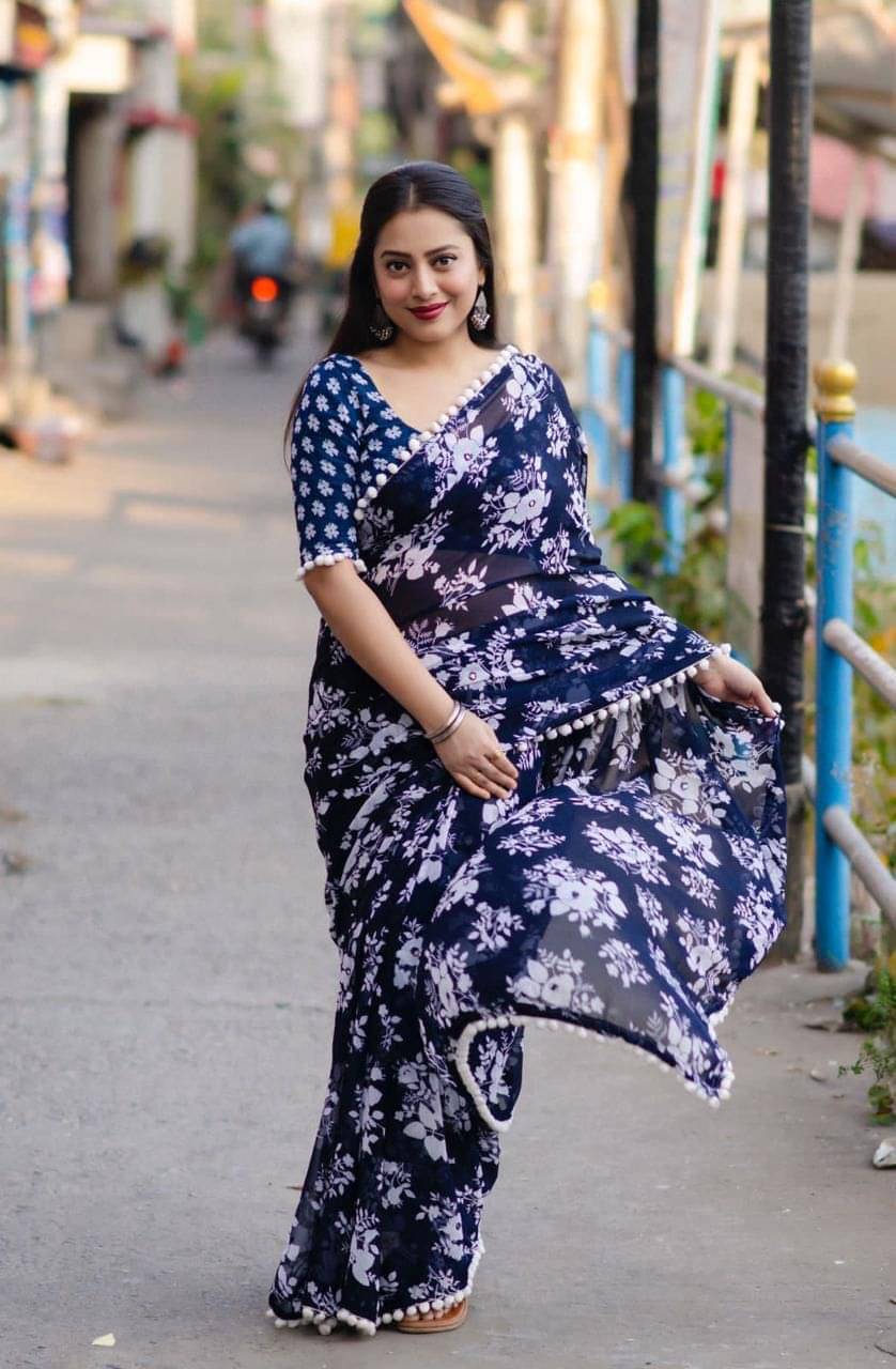 fvd Georgette Printed Saree With Unstitched Blouse Piece ( Blue ) fvd Georgette Printed Saree With Unstitched Blouse Piece ( Blue )