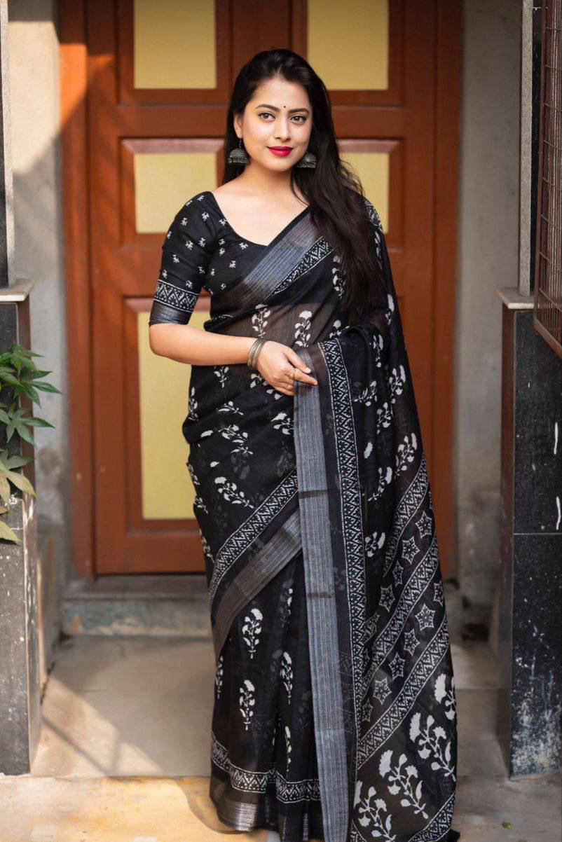     			fvd Linen Printed Saree With Unstitched Blouse Piece ( Black )