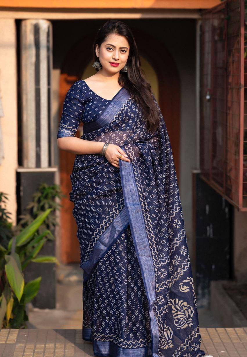     			fvd Linen Printed Saree With Unstitched Blouse Piece ( Blue )