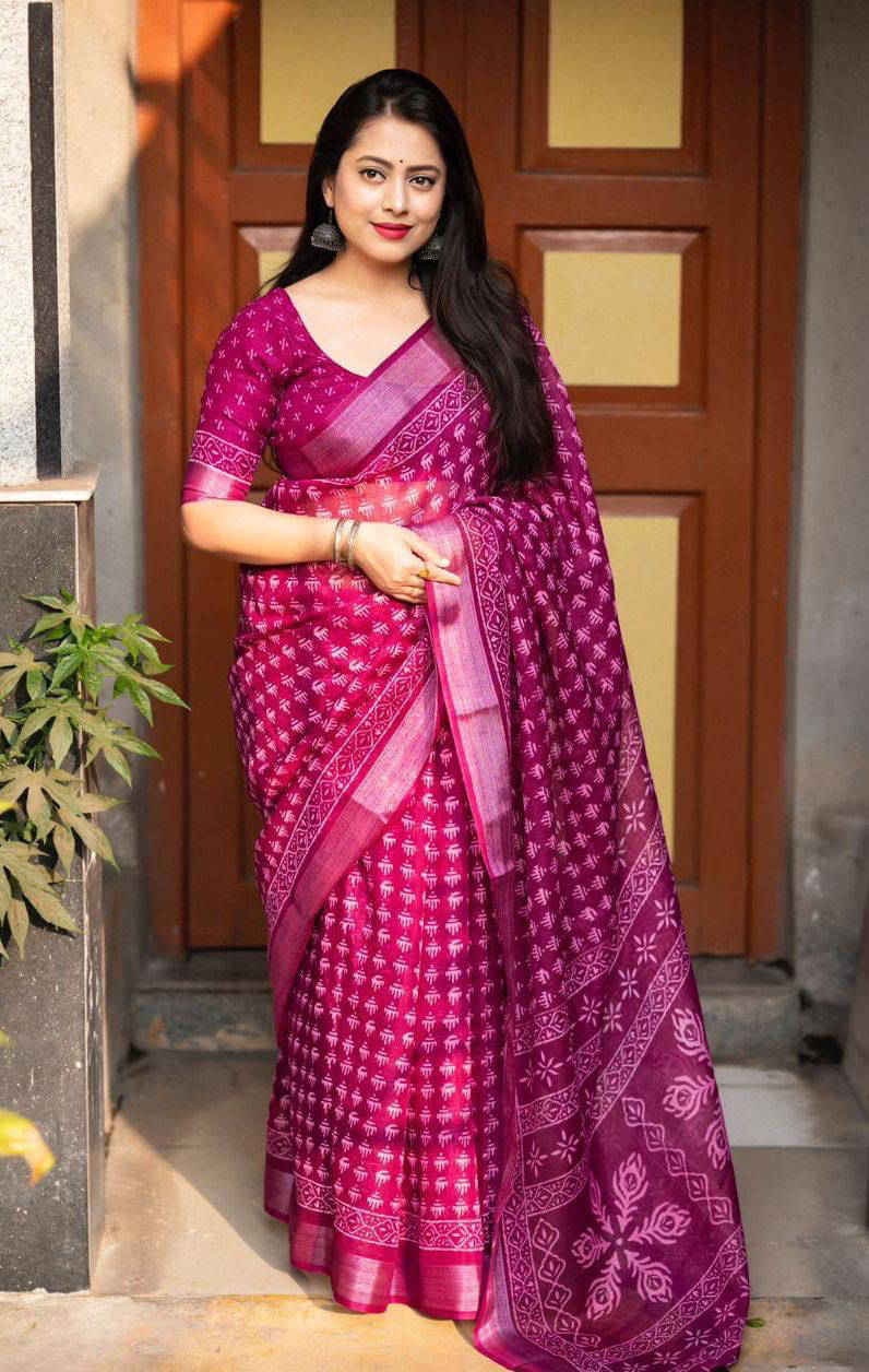     			fvd Linen Printed Saree With Unstitched Blouse Piece ( Pink )