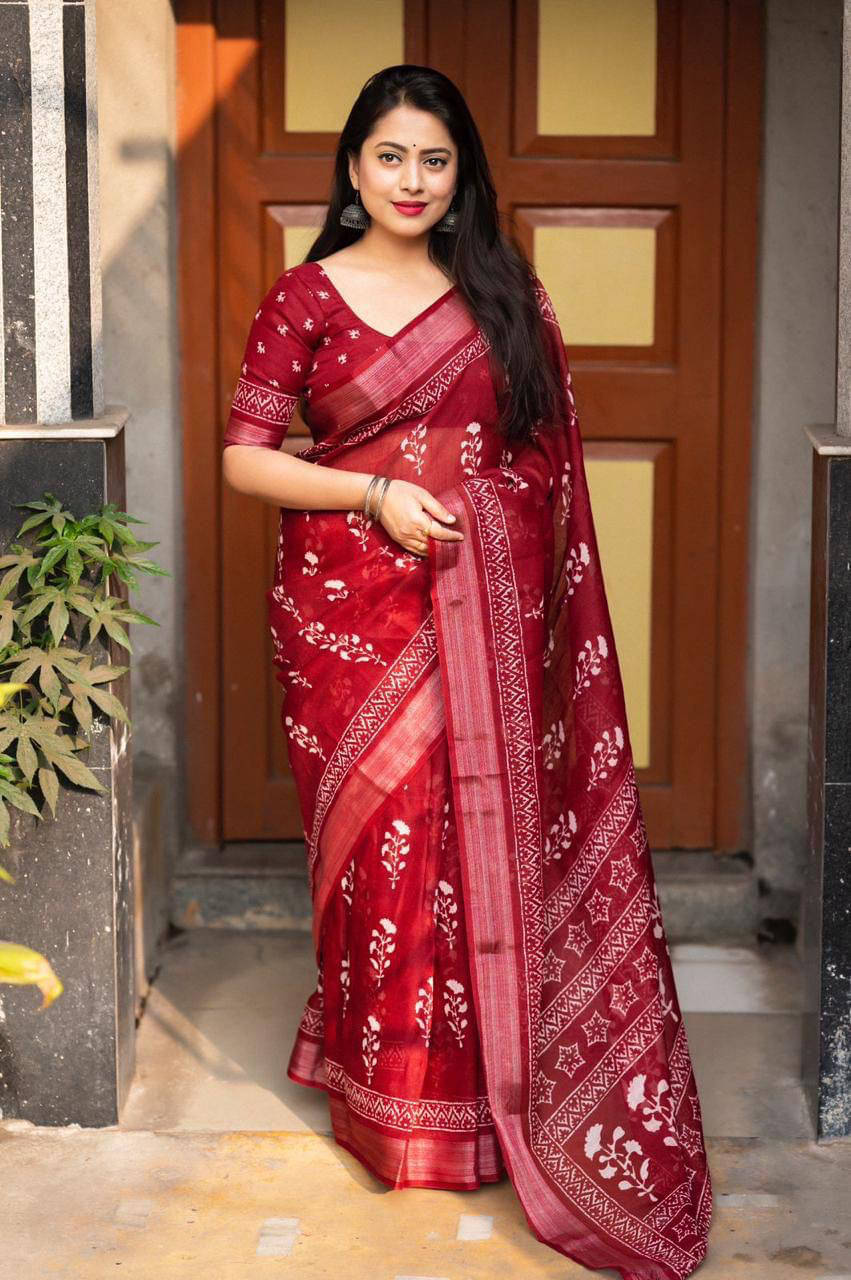     			fvd Linen Printed Saree With Unstitched Blouse Piece ( Maroon )