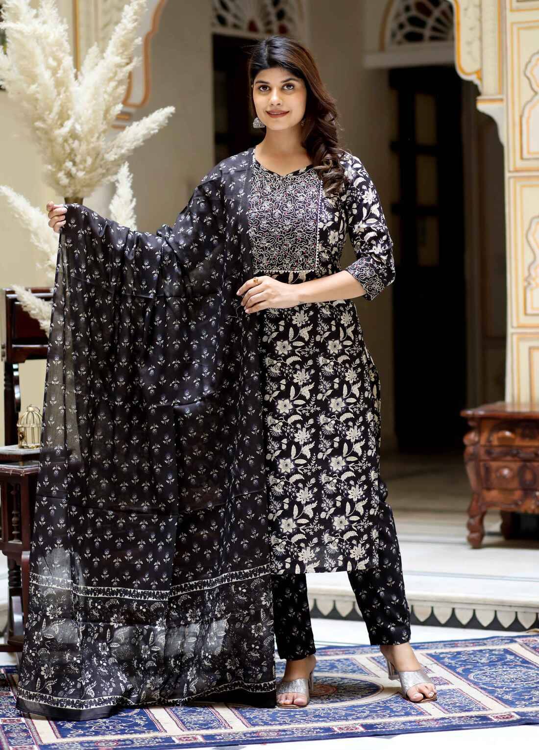 miravan Cotton Embroidered Kurti With Pants Women's Stitched Salwar Suit - Black ( Pack of 1 ) miravan Cotton Embroidered Kurti With Pants Women's Stitched Salwar Suit - Black ( Pack of 1 )