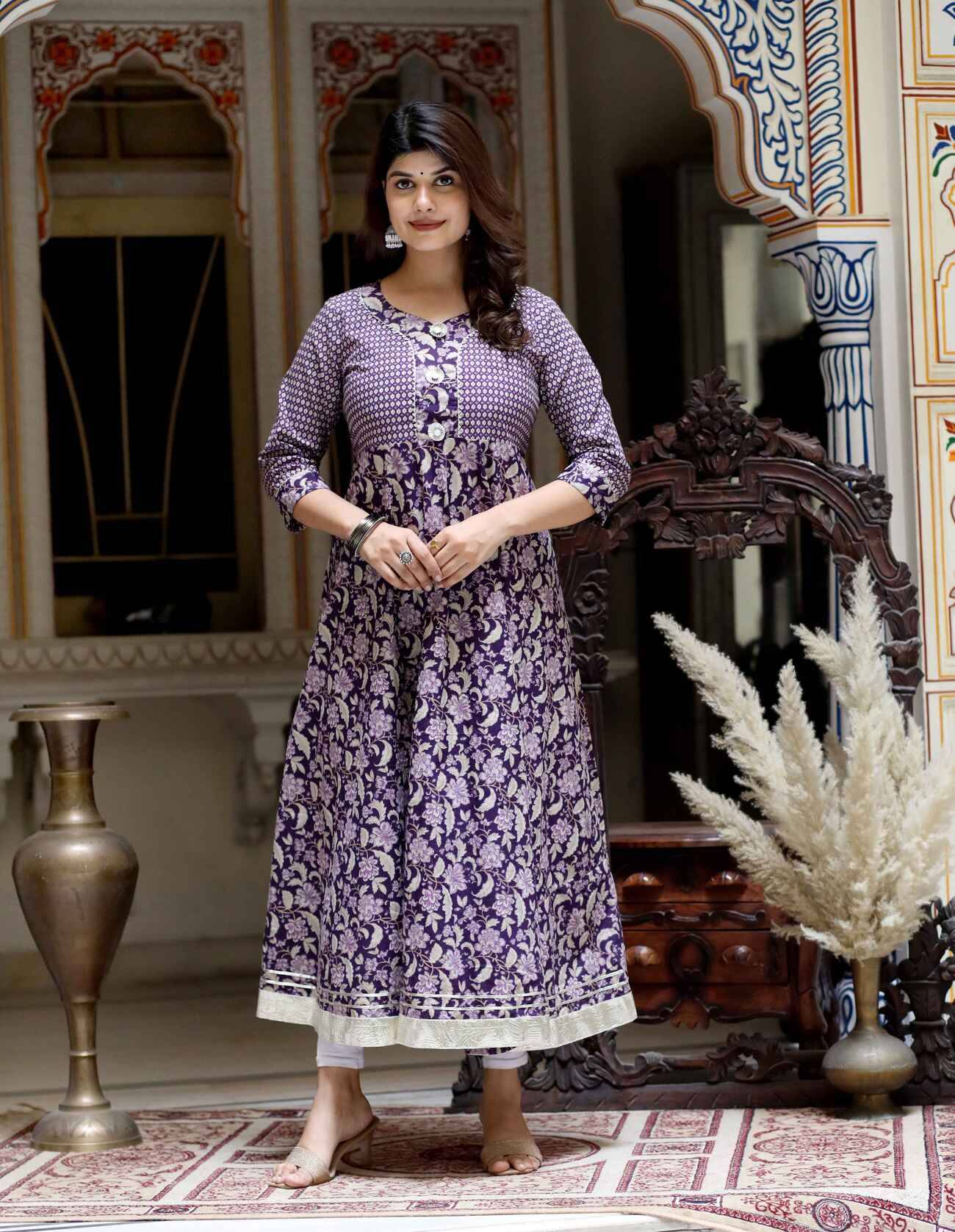 miravan Pack of 1 Cotton Printed Anarkali Women's Kurti - ( Purple ) miravan Pack of 1 Cotton Printed Anarkali Women's Kurti - ( Purple )