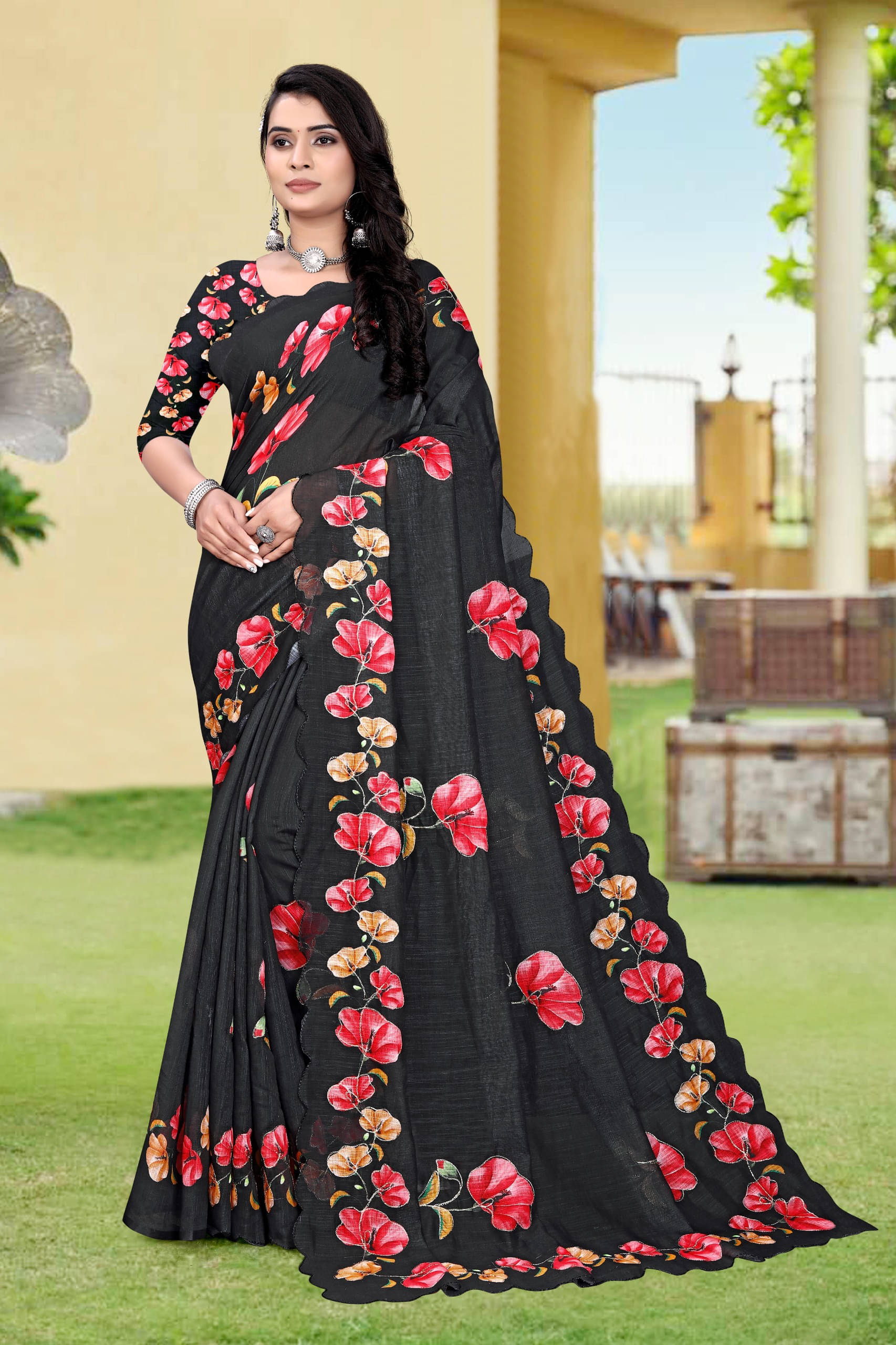 supalee Tex Linen Printed Saree With Unstitched Blouse Piece ( Black ) supalee Tex Linen Printed Saree With Unstitched Blouse Piece ( Black )