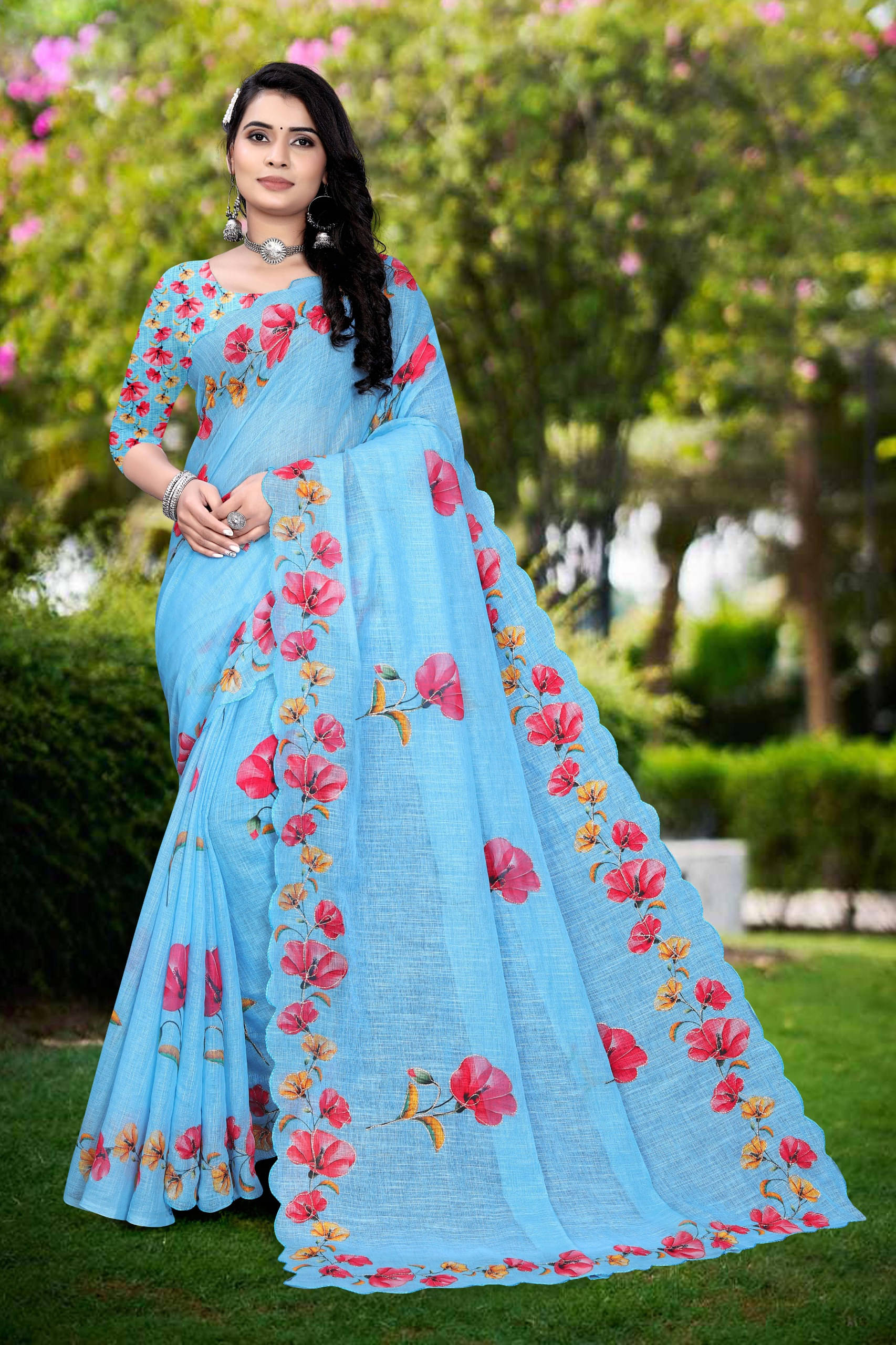 supalee Tex Linen Printed Saree With Unstitched Blouse Piece ( SkyBlue ) supalee Tex Linen Printed Saree With Unstitched Blouse Piece ( SkyBlue )