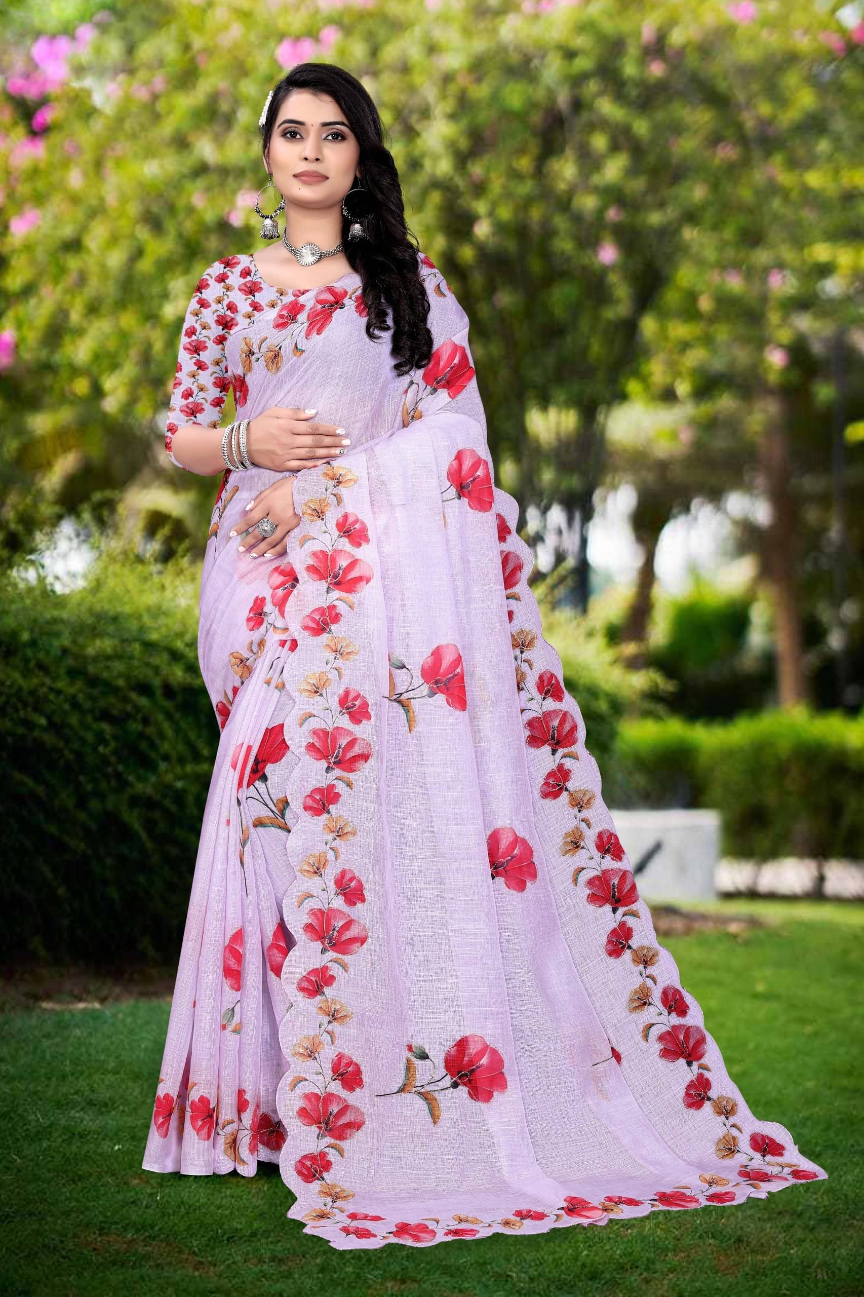 supalee Tex Linen Printed Saree With Unstitched Blouse Piece ( Lavender ) supalee Tex Linen Printed Saree With Unstitched Blouse Piece ( Lavender )