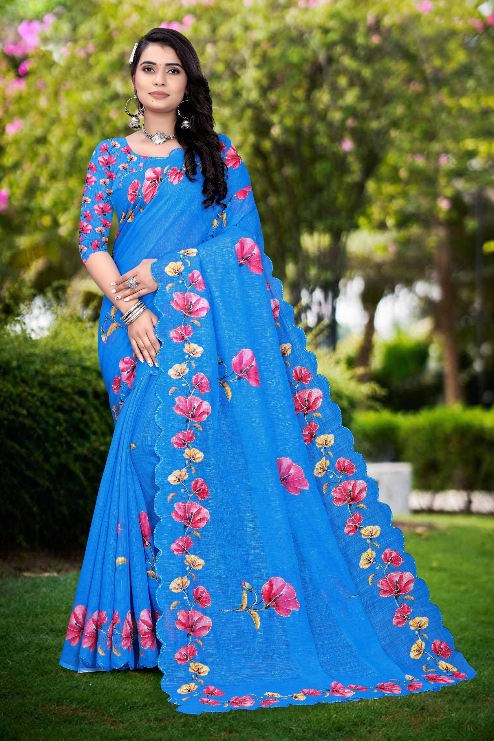 supalee Tex Linen Printed Saree With Unstitched Blouse Piece ( Blue ) supalee Tex Linen Printed Saree With Unstitched Blouse Piece ( Blue )