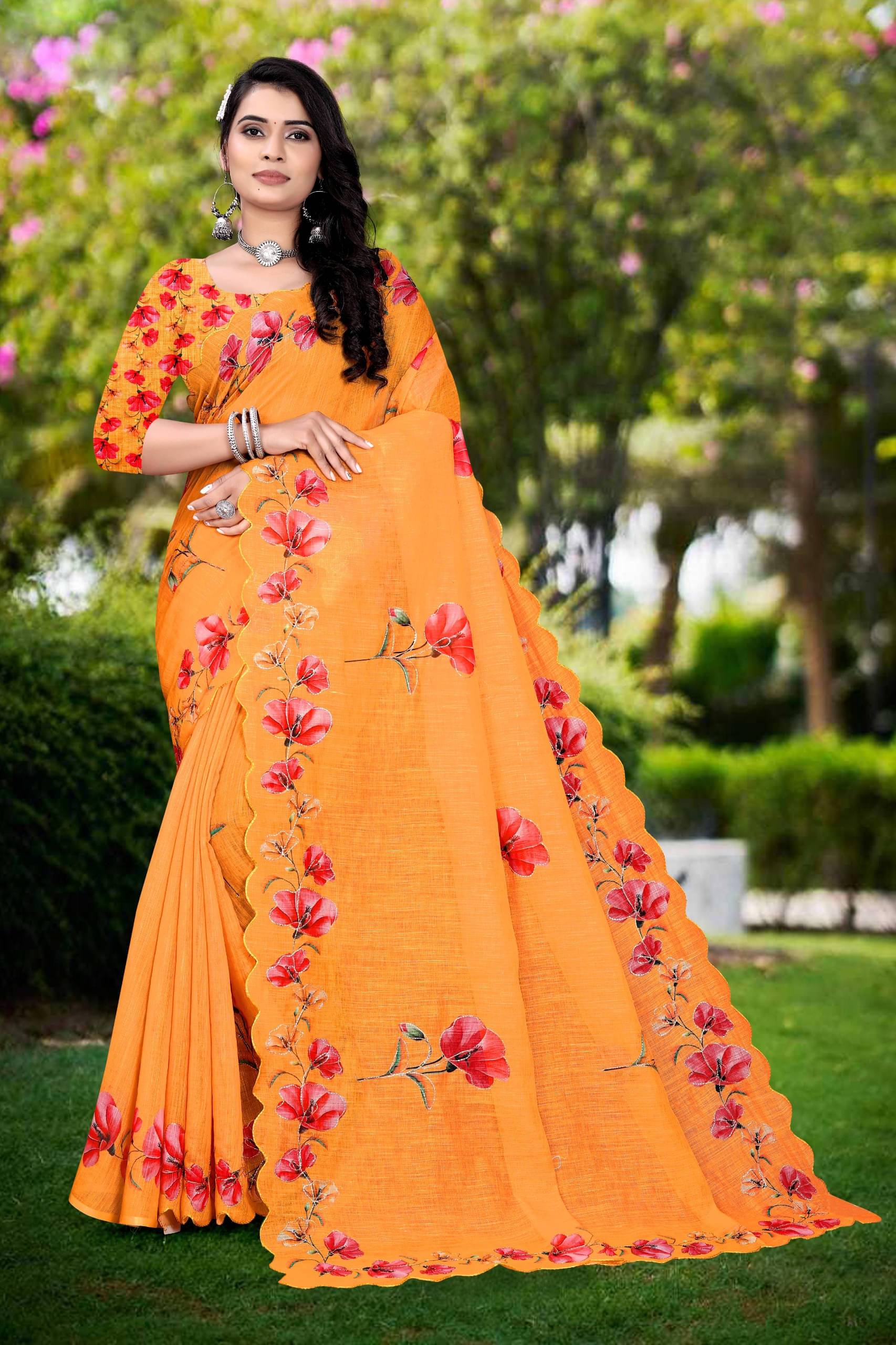 supalee Tex Linen Printed Saree With Unstitched Blouse Piece ( Gold ) supalee Tex Linen Printed Saree With Unstitched Blouse Piece ( Gold )