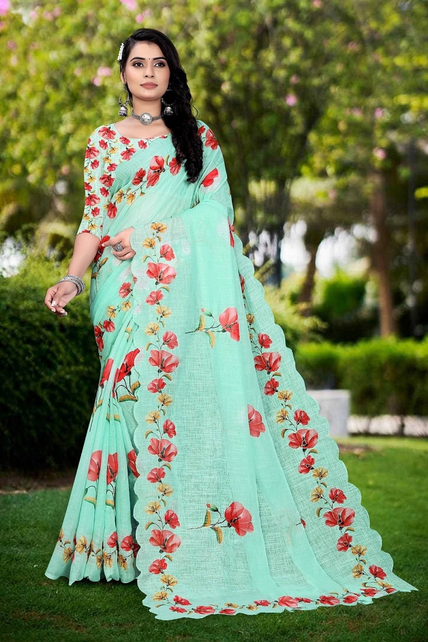 supalee Tex Linen Printed Saree With Unstitched Blouse Piece ( Light Green ) supalee Tex Linen Printed Saree With Unstitched Blouse Piece ( Light Green )