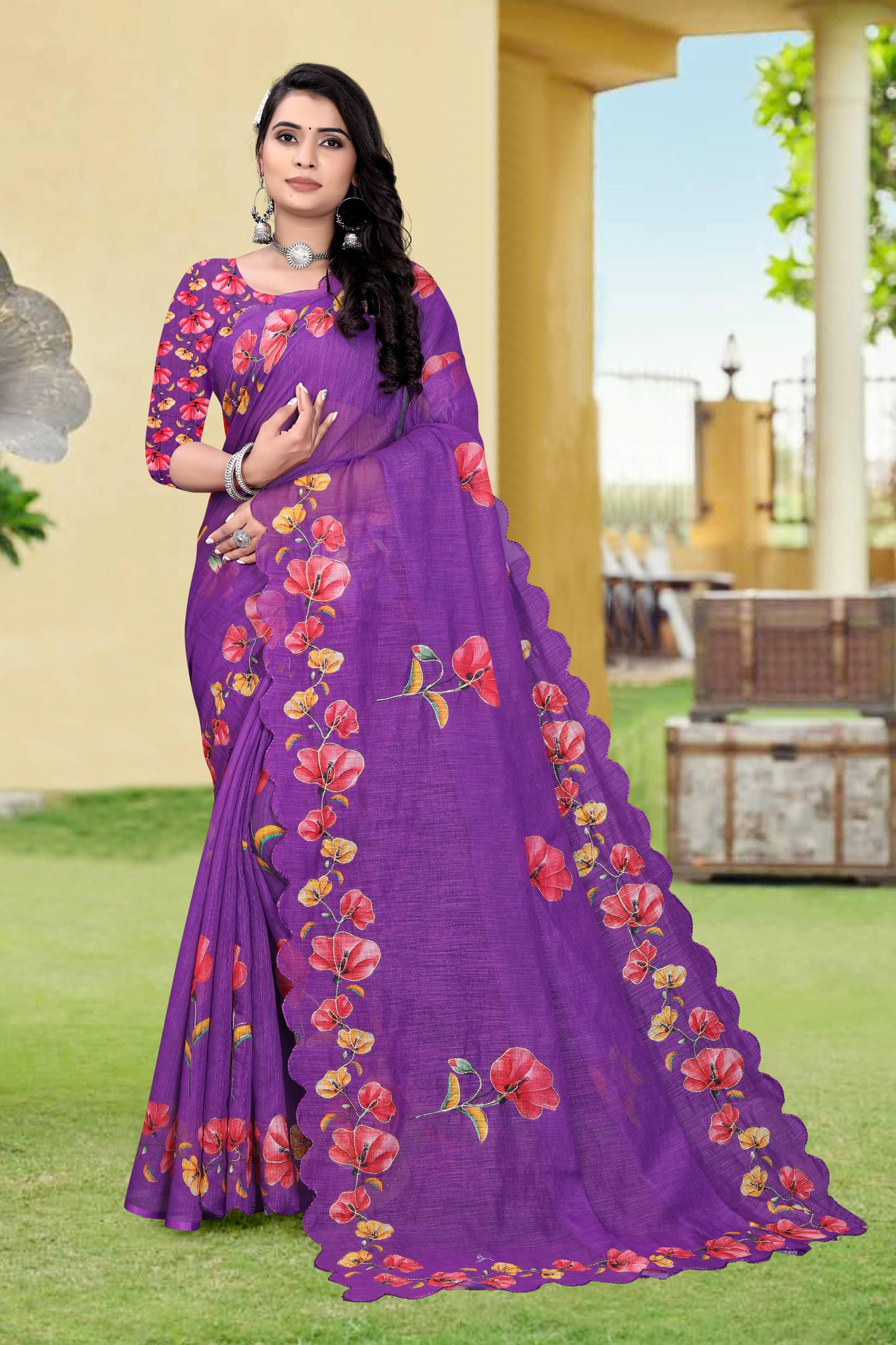     			supalee Tex Linen Printed Saree With Unstitched Blouse Piece ( Purple )