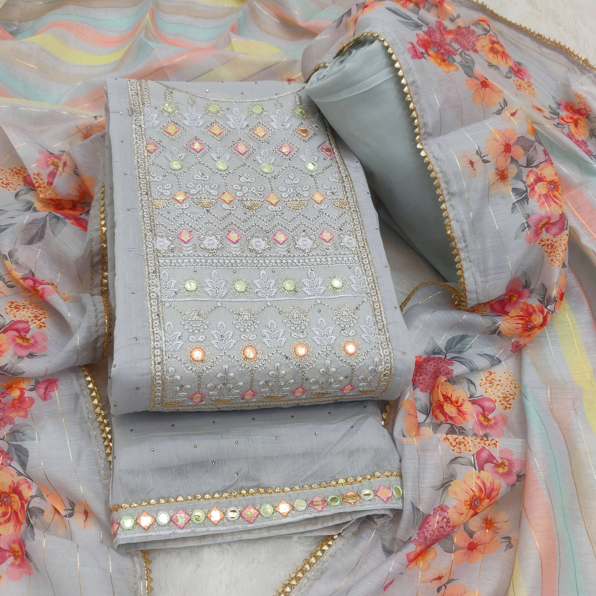 tavas Unstitched Chanderi Embroidered Dress Material - Grey ( Pack of 1 )     			tavas Unstitched Chanderi Embroidered Dress Material - Grey ( Pack of 1 )