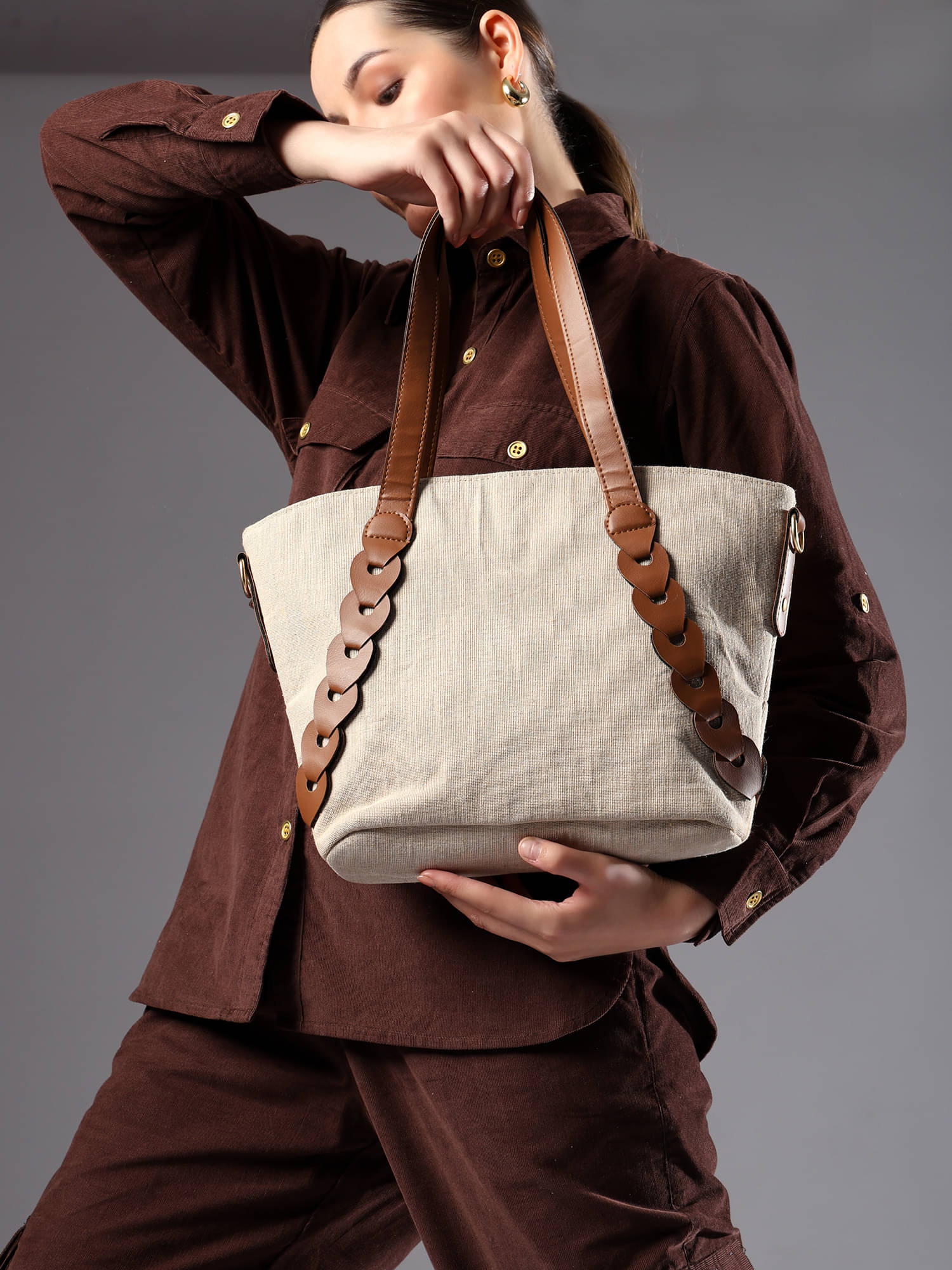     			ENSAC Tote Bag Artificial Leather Set of 1 ( Brown )