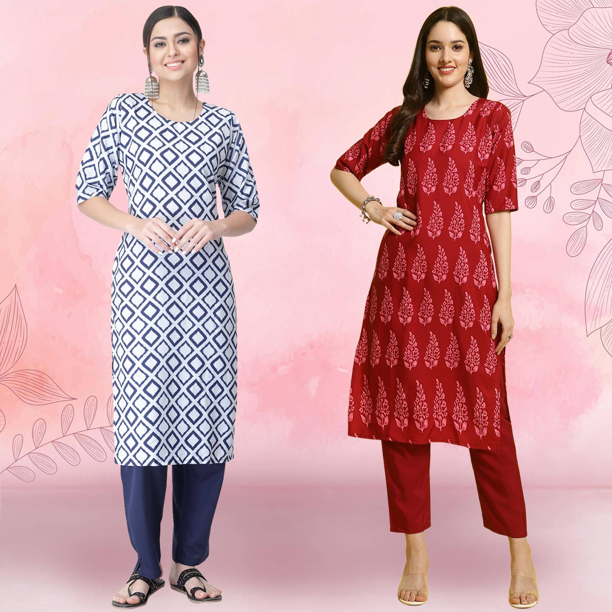     			Ethnicbasket Crepe Printed Kurti With Pants Women's Stitched Salwar Suit - Red ( Pack of 2 )