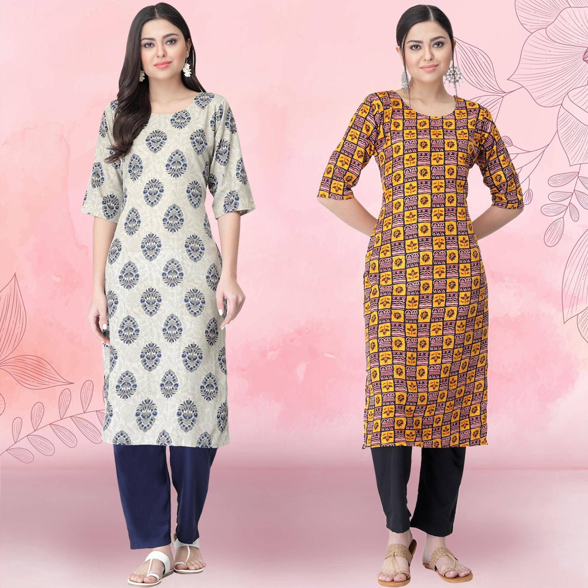 Ethnicbasket Crepe Printed Kurti With Pants Women's Stitched Salwar Suit - Yellow ( Pack of 2 ) Ethnicbasket Crepe Printed Kurti With Pants Women's Stitched Salwar Suit - Yellow ( Pack of 2 )