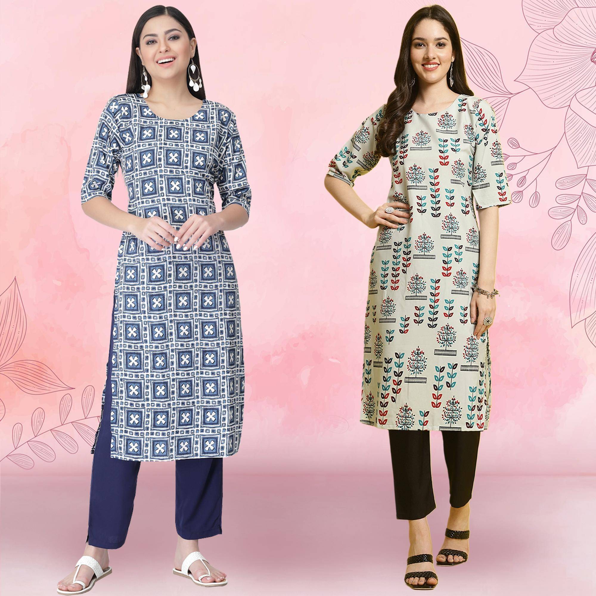     			Ethnicbasket Crepe Printed Kurti With Pants Women's Stitched Salwar Suit - Grey ( Pack of 2 )