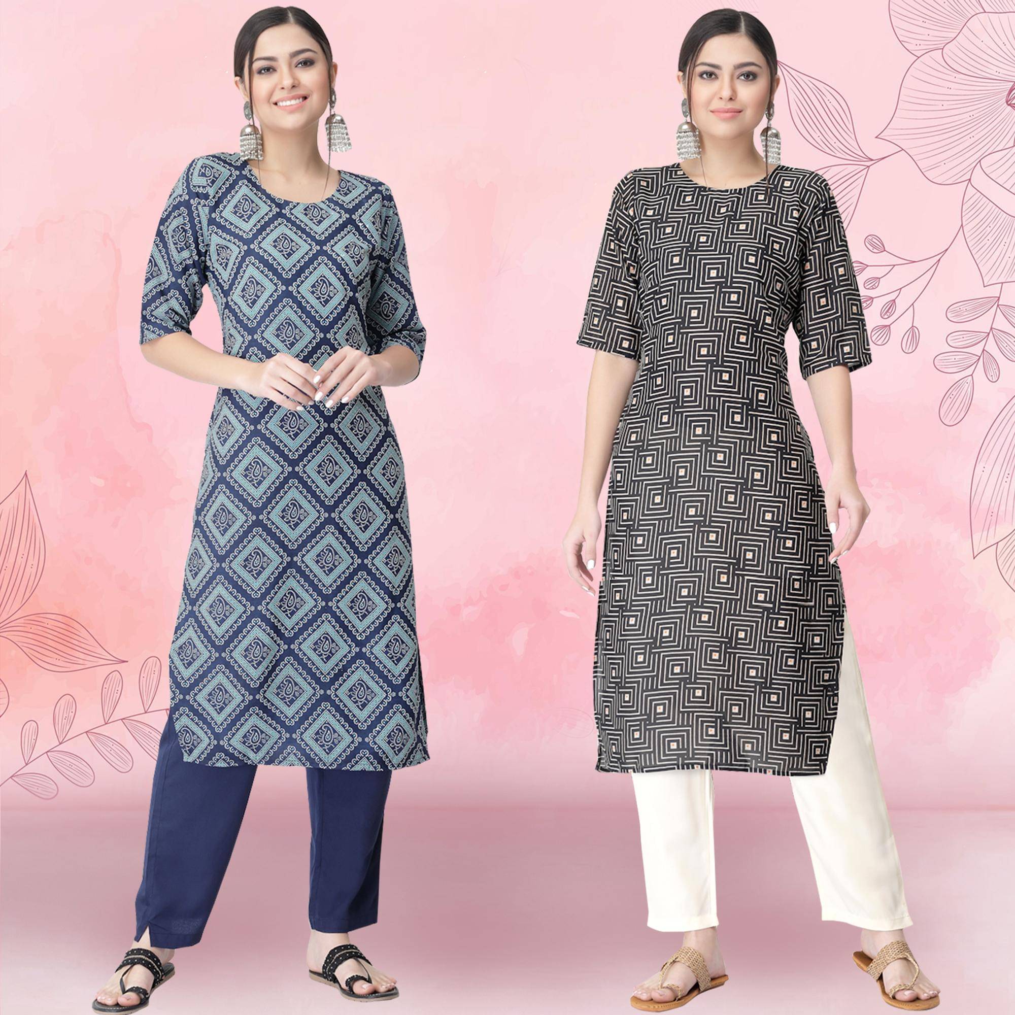     			Ethnicbasket Crepe Printed Kurti With Pants Women's Stitched Salwar Suit - Black ( Pack of 2 )