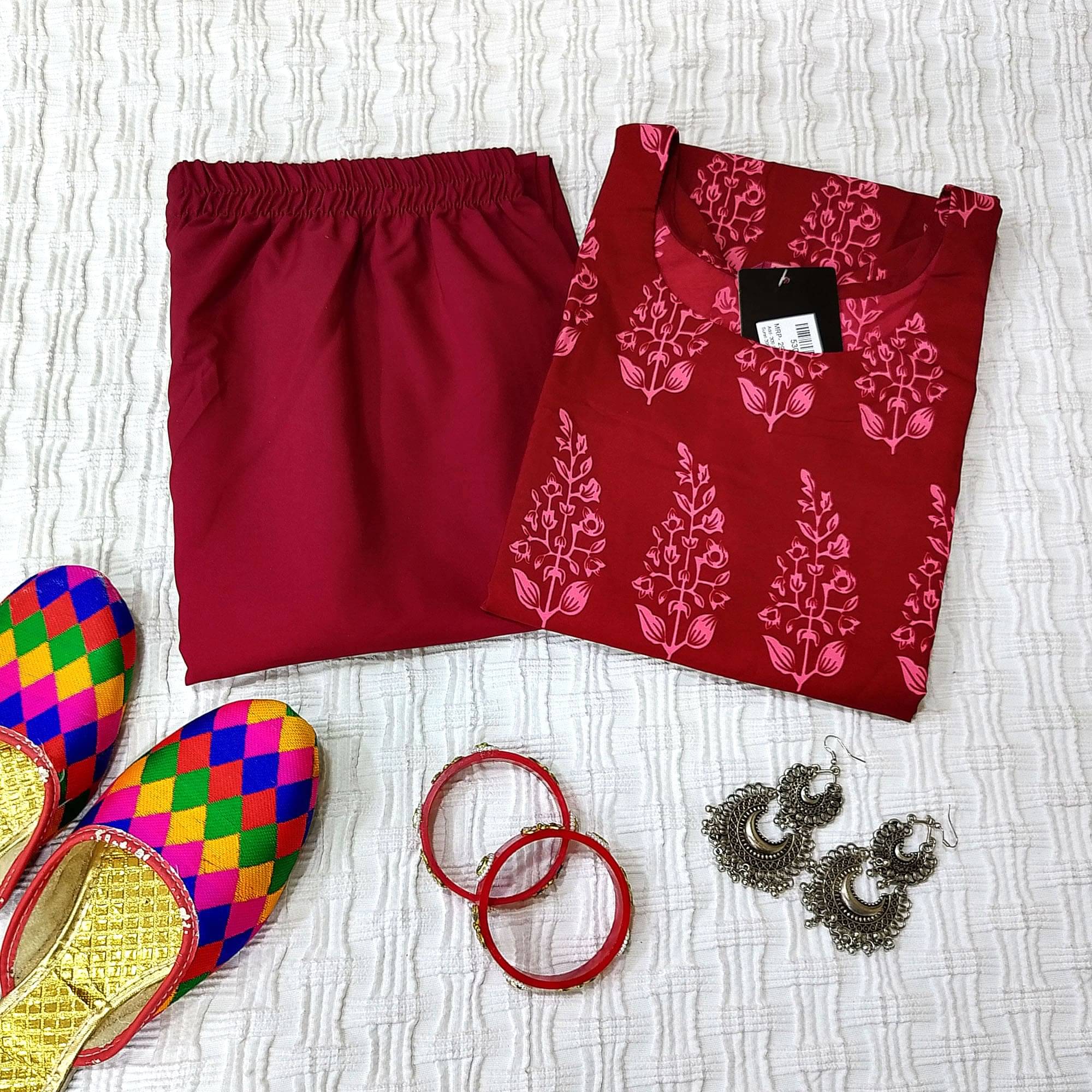     			Ethnicbasket Crepe Printed Kurti With Pants Women's Stitched Salwar Suit - Red ( Pack of 1 )