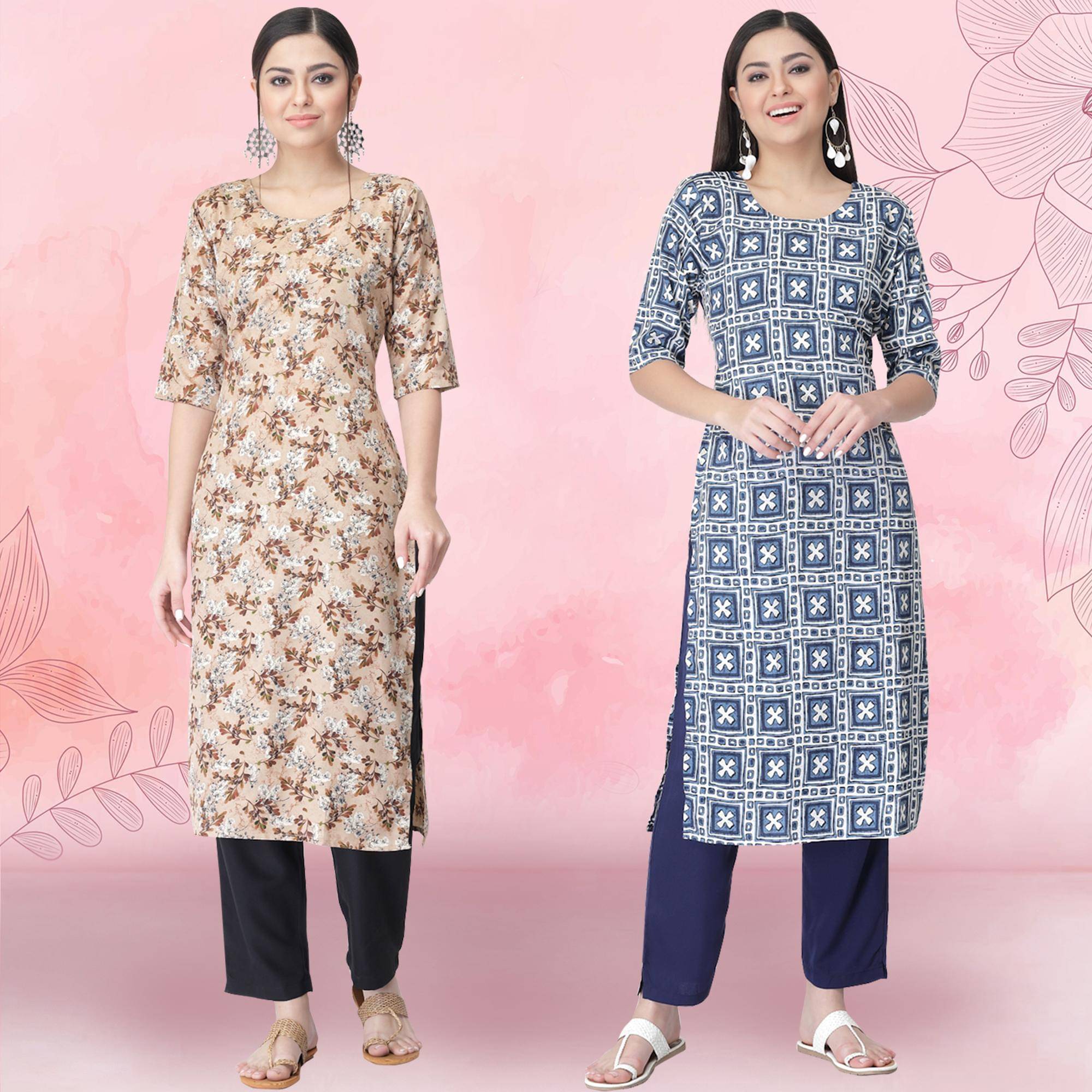 Ethnicbasket Crepe Printed Kurti With Pants Women's Stitched Salwar Suit - Navy Blue ( Pack of 2 )     			Ethnicbasket Crepe Printed Kurti With Pants Women's Stitched Salwar Suit - Navy Blue ( Pack of 2 )