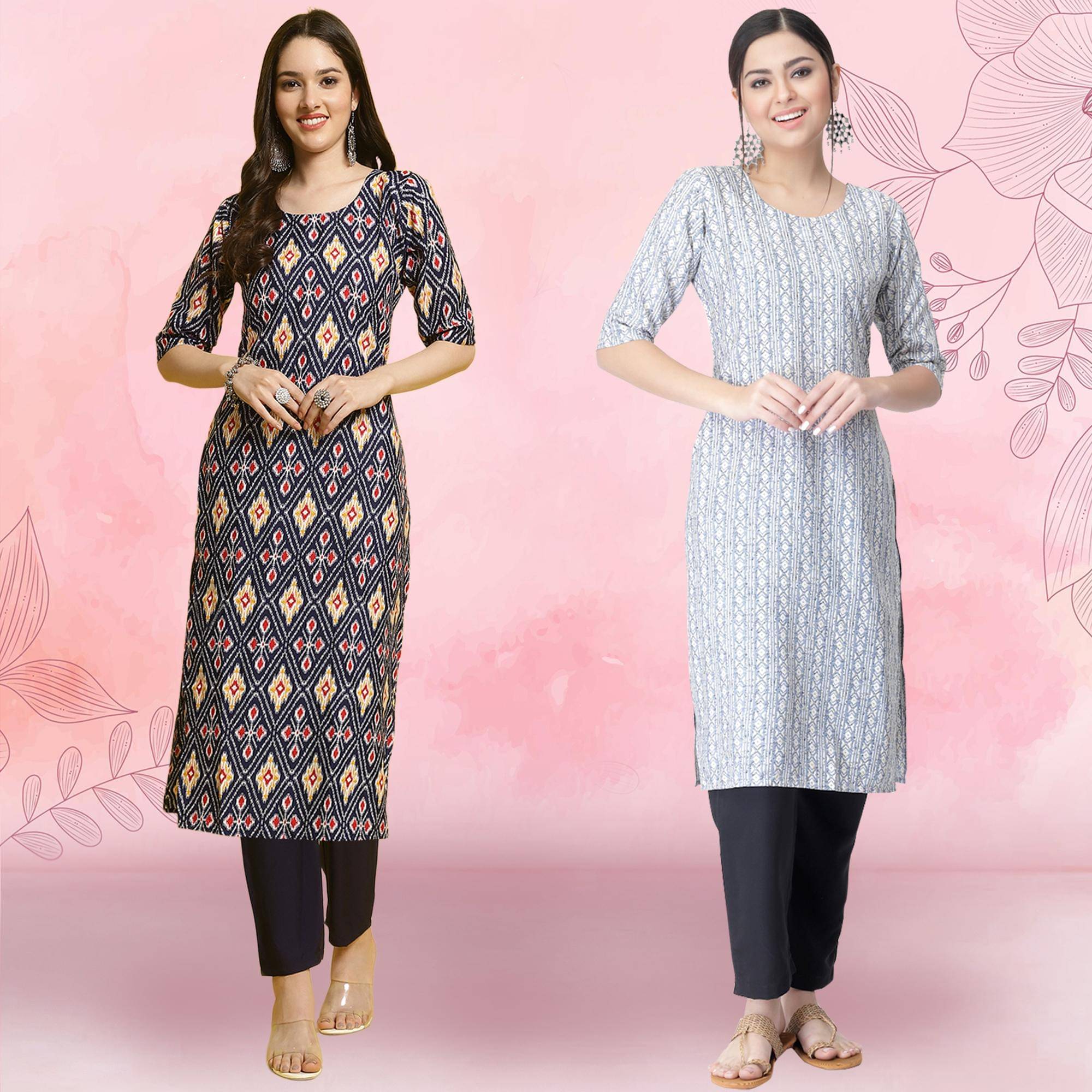     			Ethnicbasket Crepe Printed Kurti With Pants Women's Stitched Salwar Suit - White ( Pack of 2 )