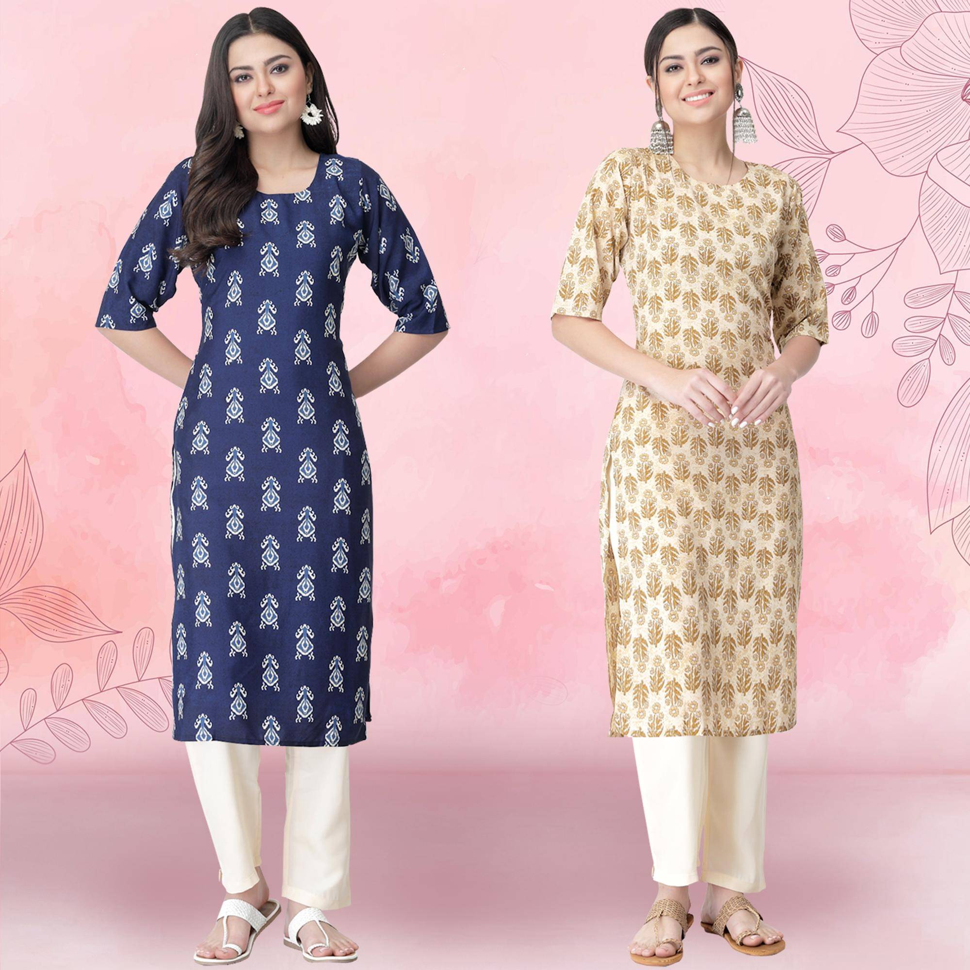     			Ethnicbasket Pack of 2 Crepe Printed Straight Women's Kurti - ( Multicolor1 )