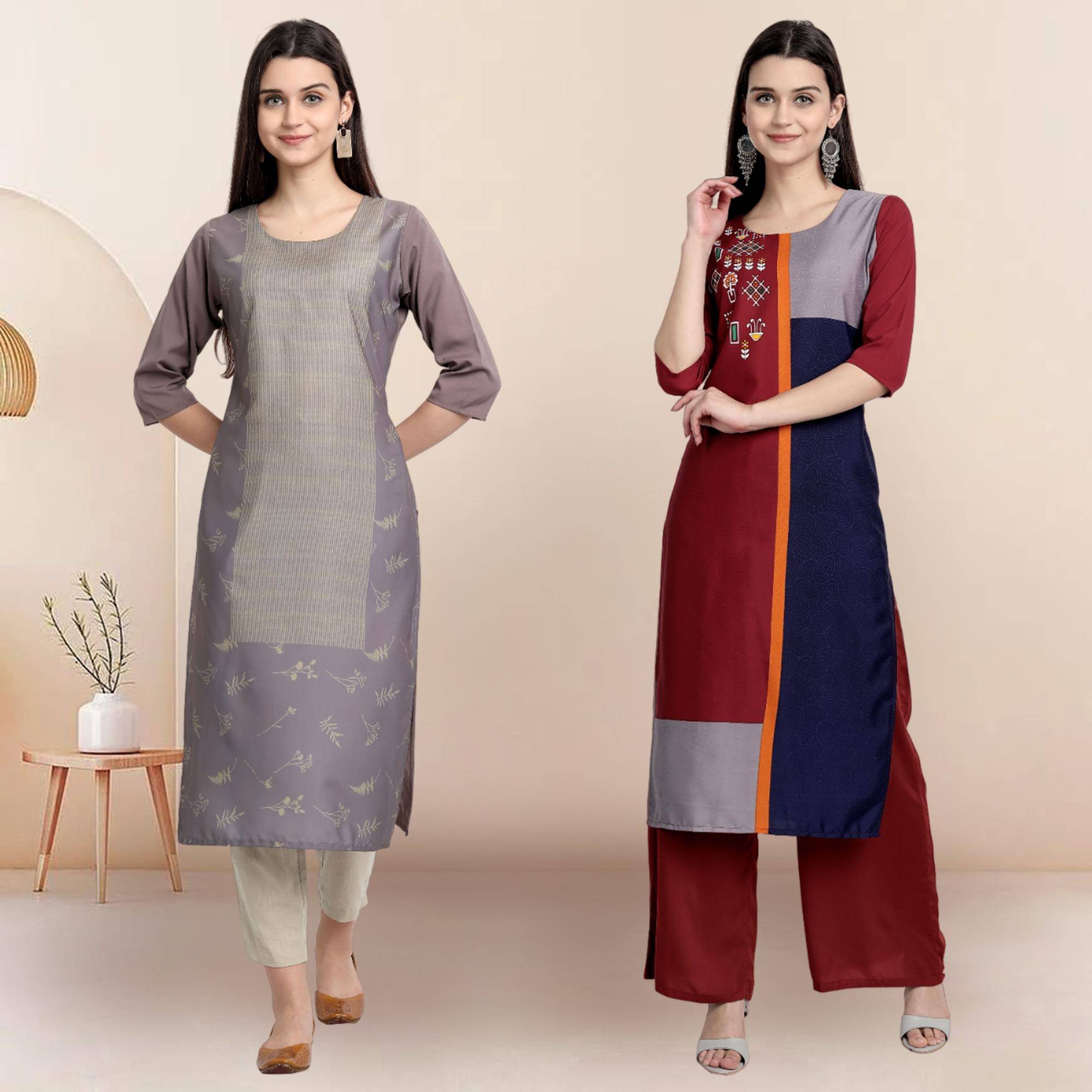     			Ethnicbasket Pack of 2 Crepe Printed Straight Women's Kurti - ( Multicolor4 )