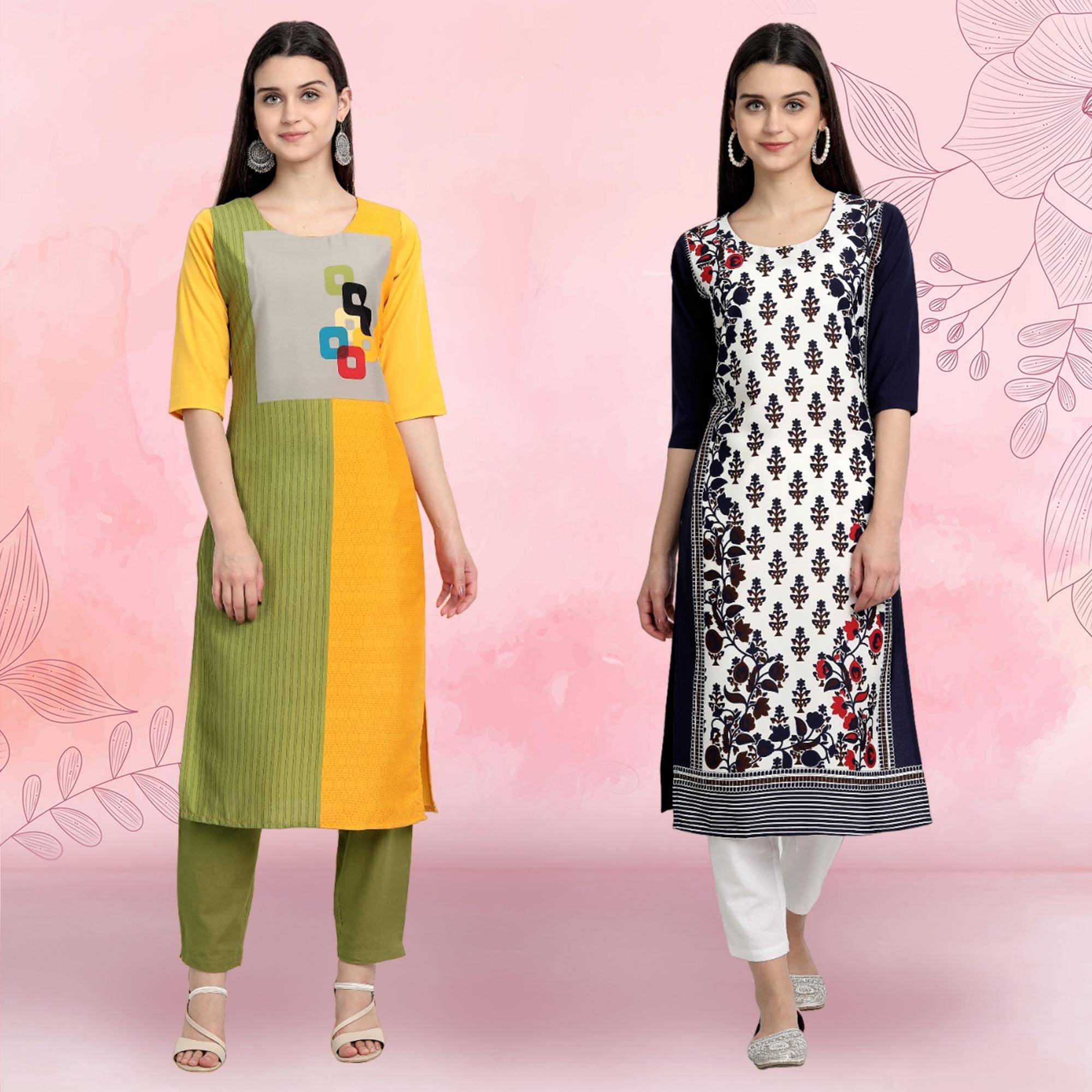 Ethnicbasket Pack of 2 Crepe Printed Straight Women's Kurti - ( Multicolor2 ) Ethnicbasket Pack of 2 Crepe Printed Straight Women's Kurti - ( Multicolor2 )