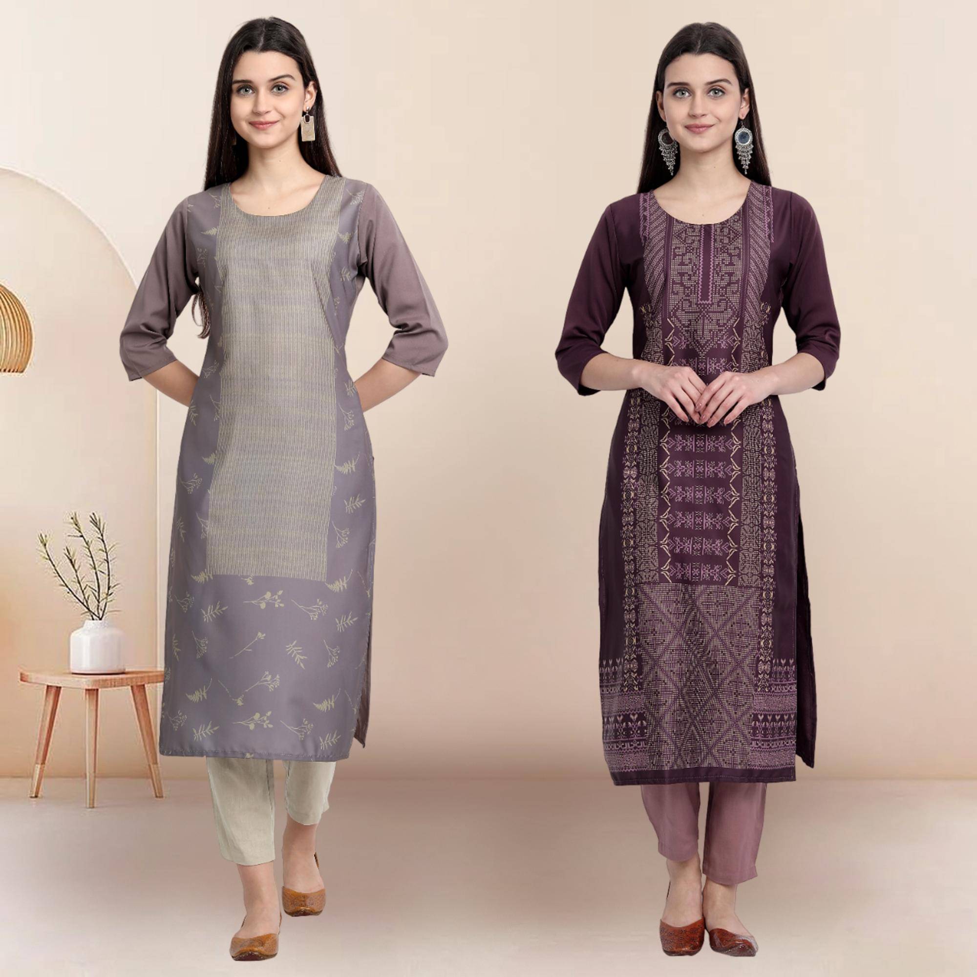     			Ethnicbasket Pack of 2 Crepe Printed Straight Women's Kurti - ( Multicolor1 )