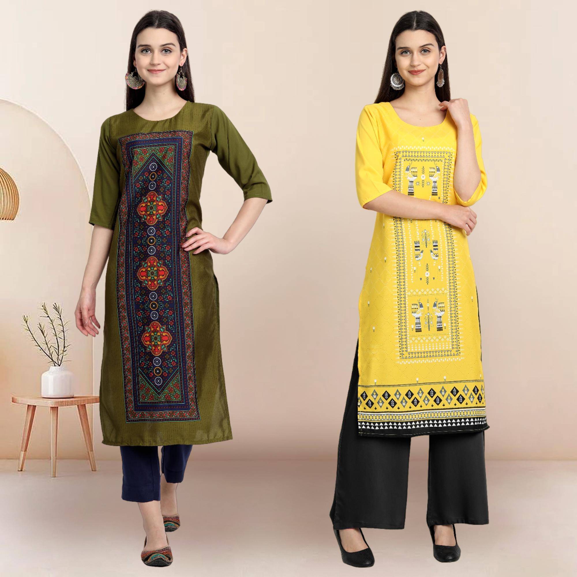 Ethnicbasket Pack of 2 Crepe Printed Straight Women's Kurti - ( Multicolor )     			Ethnicbasket Pack of 2 Crepe Printed Straight Women's Kurti - ( Multicolor )