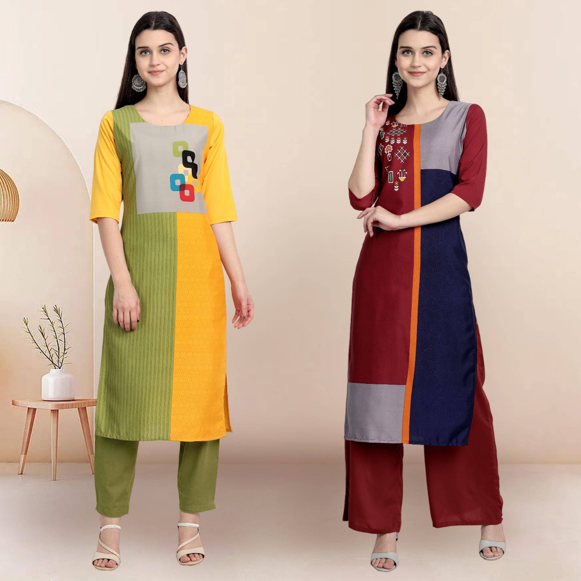 Ethnicbasket Pack of 2 Crepe Printed Straight Women's Kurti - ( Multicolor3 ) Ethnicbasket Pack of 2 Crepe Printed Straight Women's Kurti - ( Multicolor3 )