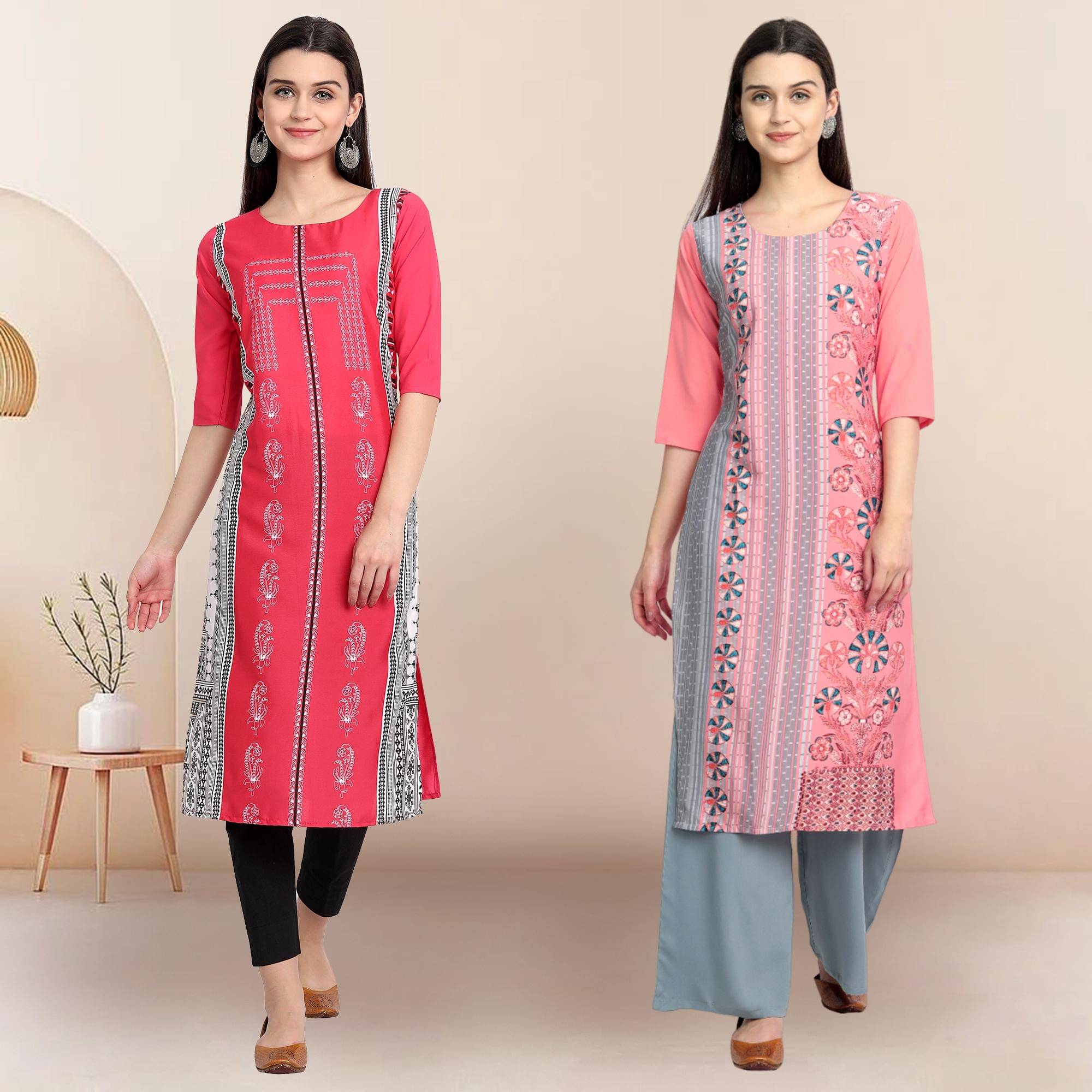     			Ethnicbasket Pack of 2 Crepe Printed Straight Women's Kurti - ( Multicolor1 )