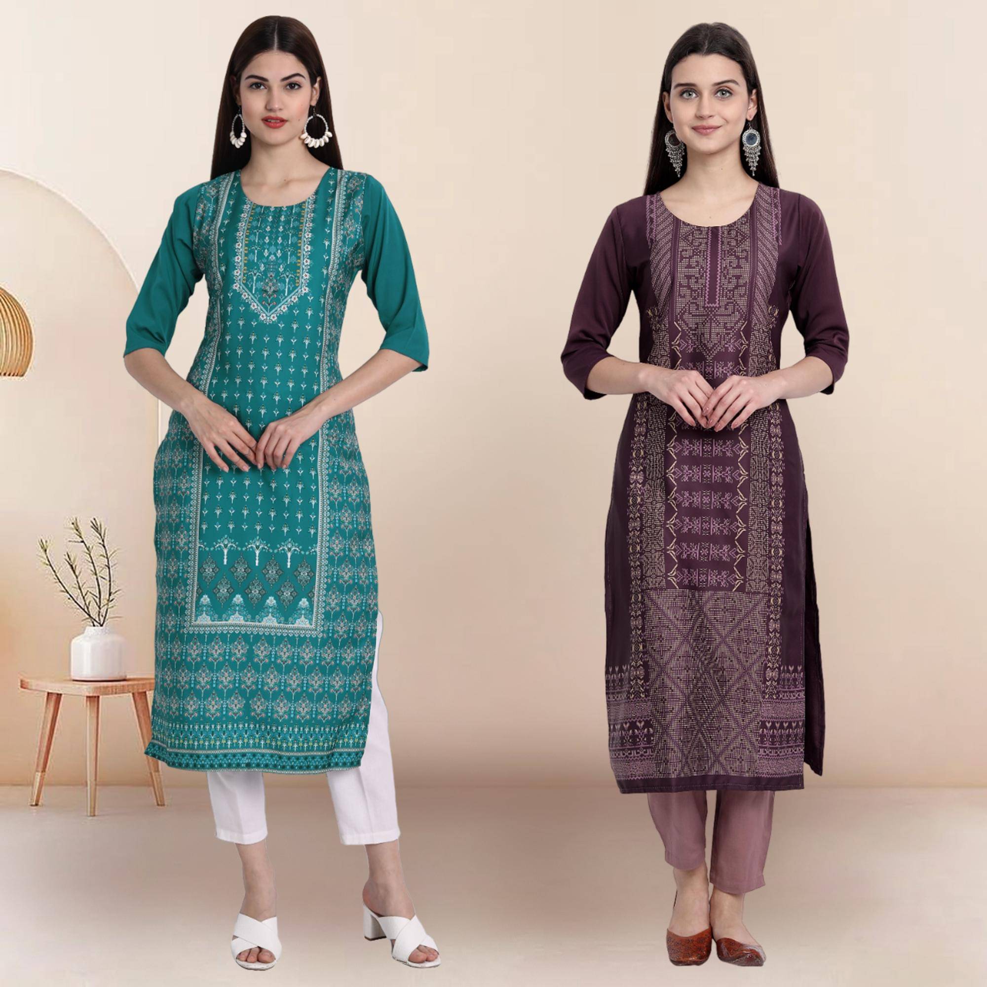 Ethnicbasket Pack of 2 Crepe Printed Straight Women's Kurti - ( Multicolor4 ) Ethnicbasket Pack of 2 Crepe Printed Straight Women's Kurti - ( Multicolor4 )