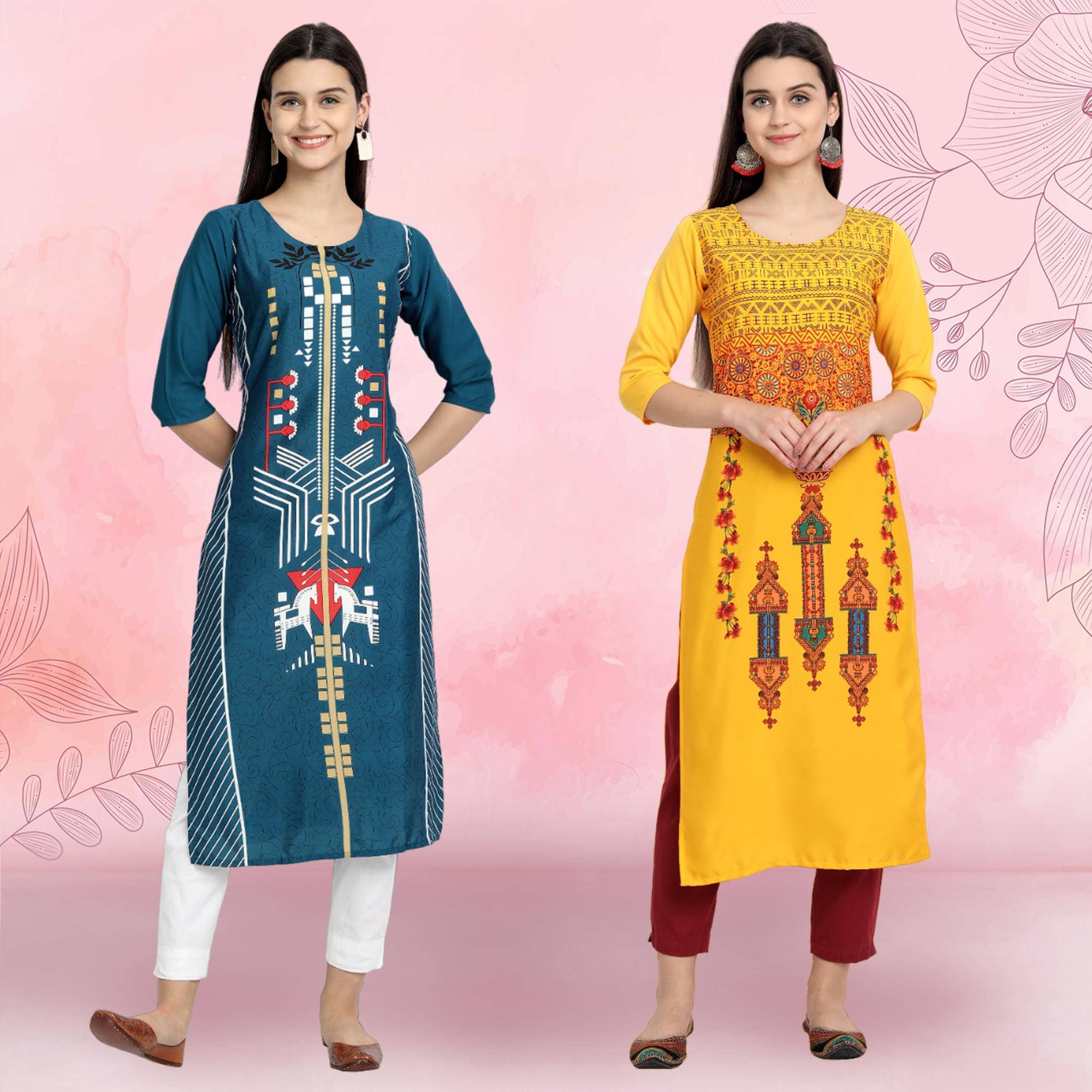 Ethnicbasket Pack of 2 Crepe Printed Straight Women's Kurti - ( Multicolor2 ) Ethnicbasket Pack of 2 Crepe Printed Straight Women's Kurti - ( Multicolor2 )