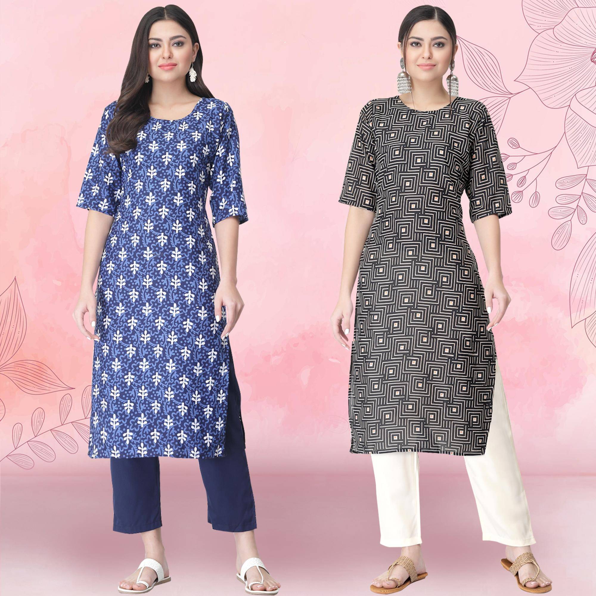     			Ethnicbasket Pack of 2 Crepe Printed Straight Women's Kurti - ( Multicolor4 )
