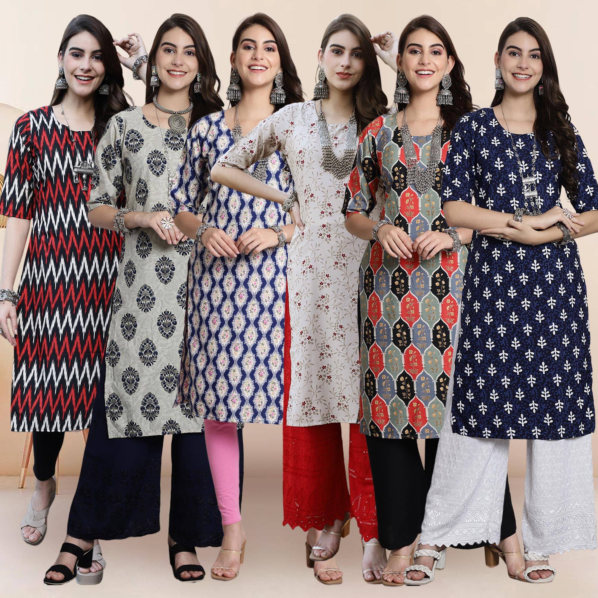 Ethnicbasket Pack of 6 Crepe Printed Straight Women's Kurti - ( Multicolor1 )     			Ethnicbasket Pack of 6 Crepe Printed Straight Women's Kurti - ( Multicolor1 )