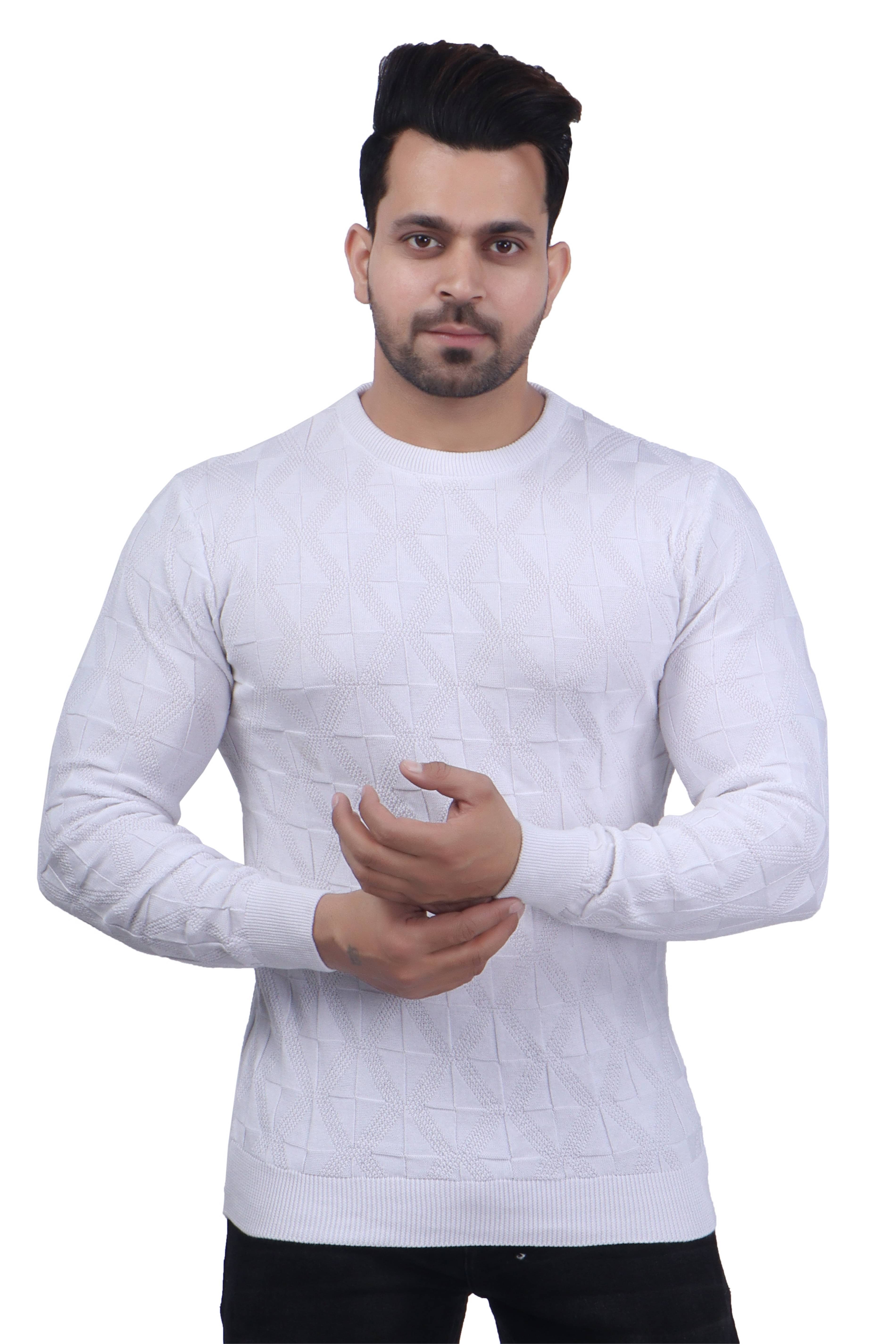 FEVERFEW Cotton Blend Round Neck Men's Full Sleeves Pullover Sweater - White ( Pack of 1 ) FEVERFEW Cotton Blend Round Neck Men's Full Sleeves Pullover Sweater - White ( Pack of 1 )
