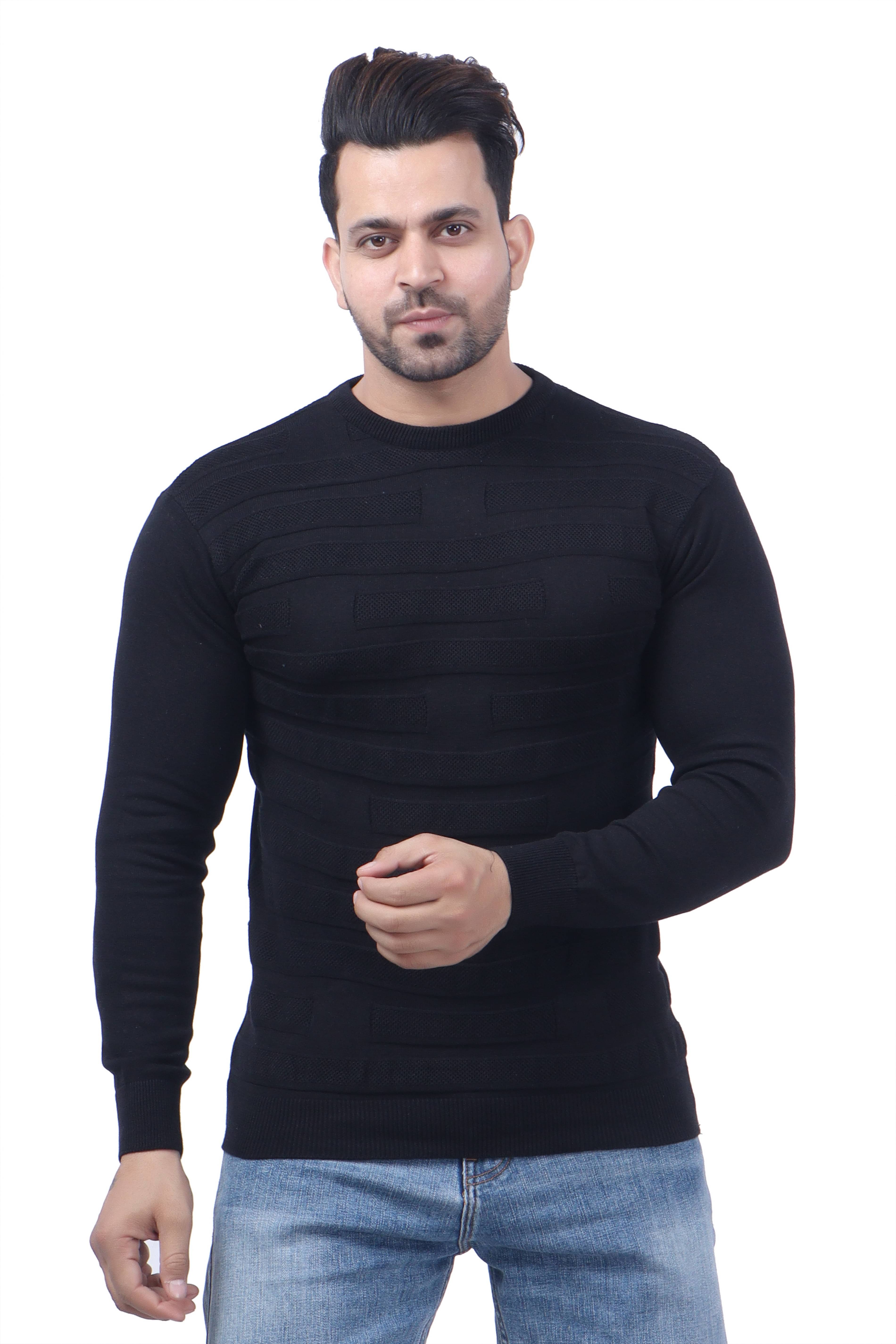 FEVERFEW Cotton Blend Round Neck Men's Full Sleeves Pullover Sweater - Black ( Pack of 1 )     			FEVERFEW Cotton Blend Round Neck Men's Full Sleeves Pullover Sweater - Black ( Pack of 1 )