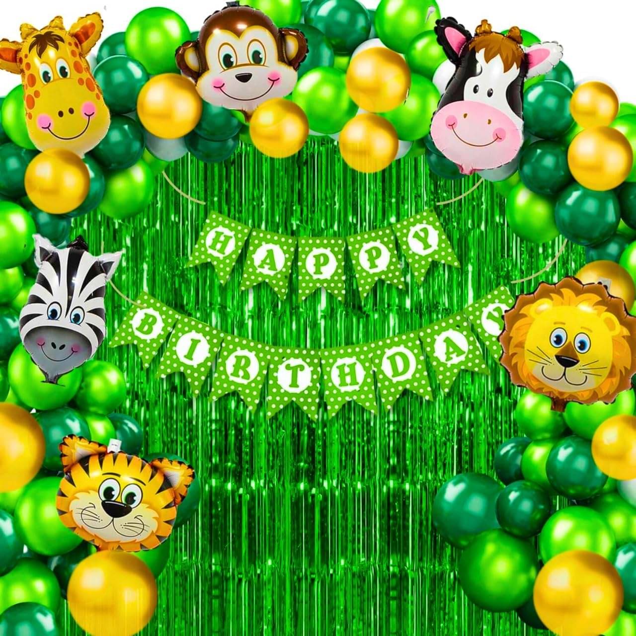     			HK balloons Pack of 56 Pcs Jungle theme Birthday Party Decorations items For boys Forest Theme Happy Birthday Foil balloons Animal Face Foil, Chrome Balloons for Backdrop kit Set